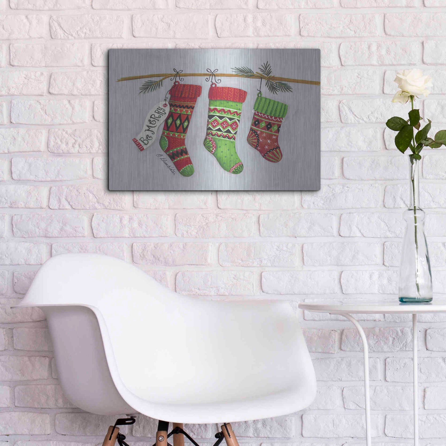 Luxe Metal Art 'Be Merry Stockings' by Diane Kater, Metal Wall Art,24x16