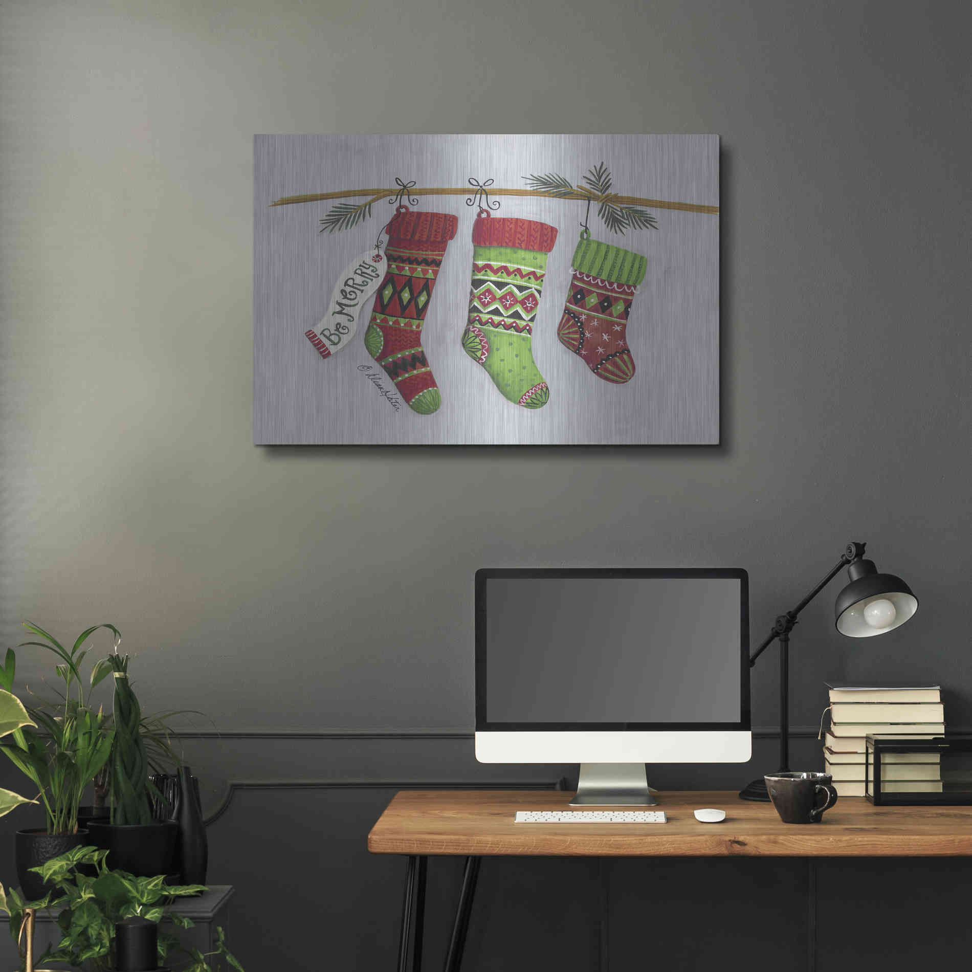 Luxe Metal Art 'Be Merry Stockings' by Diane Kater, Metal Wall Art,36x24
