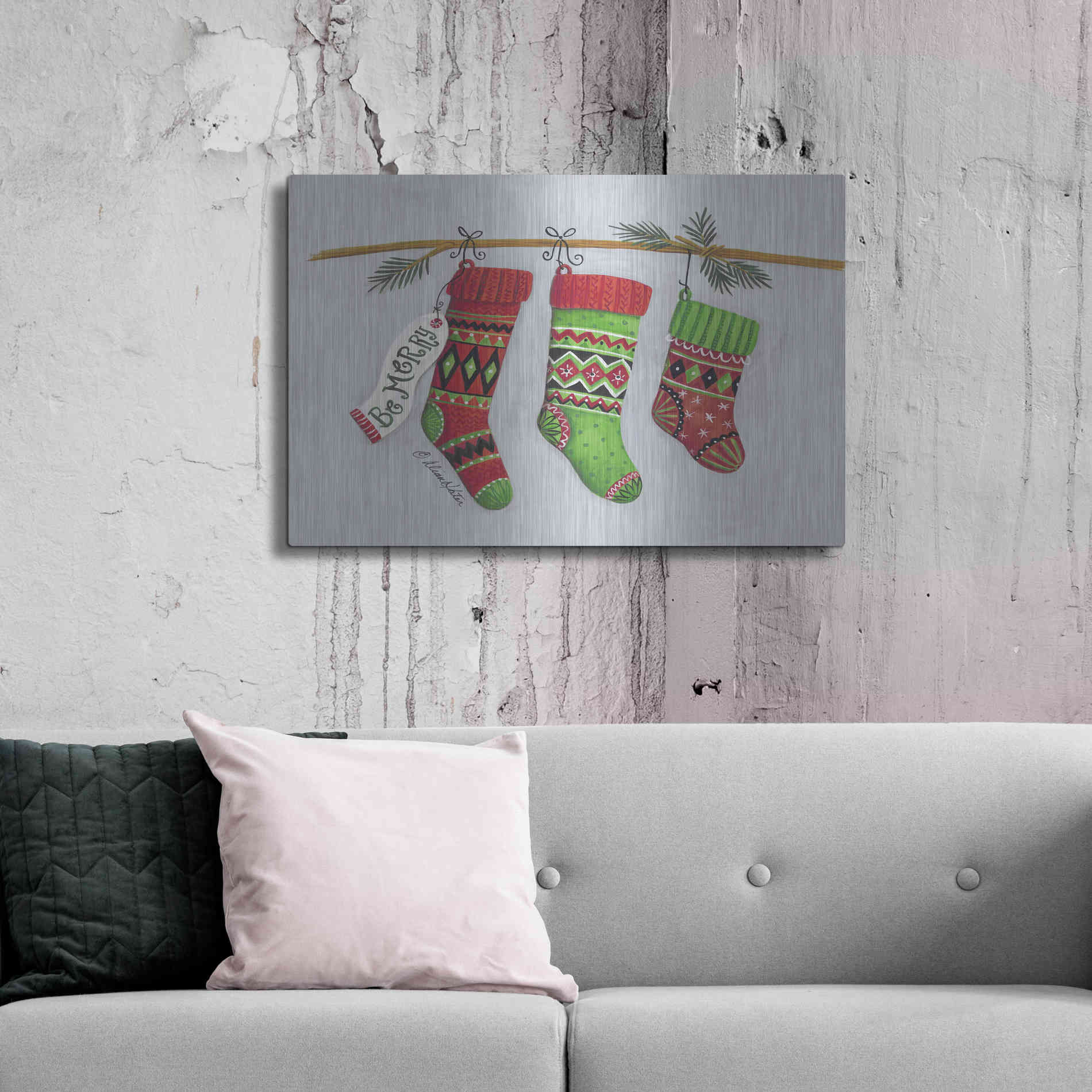 Luxe Metal Art 'Be Merry Stockings' by Diane Kater, Metal Wall Art,36x24