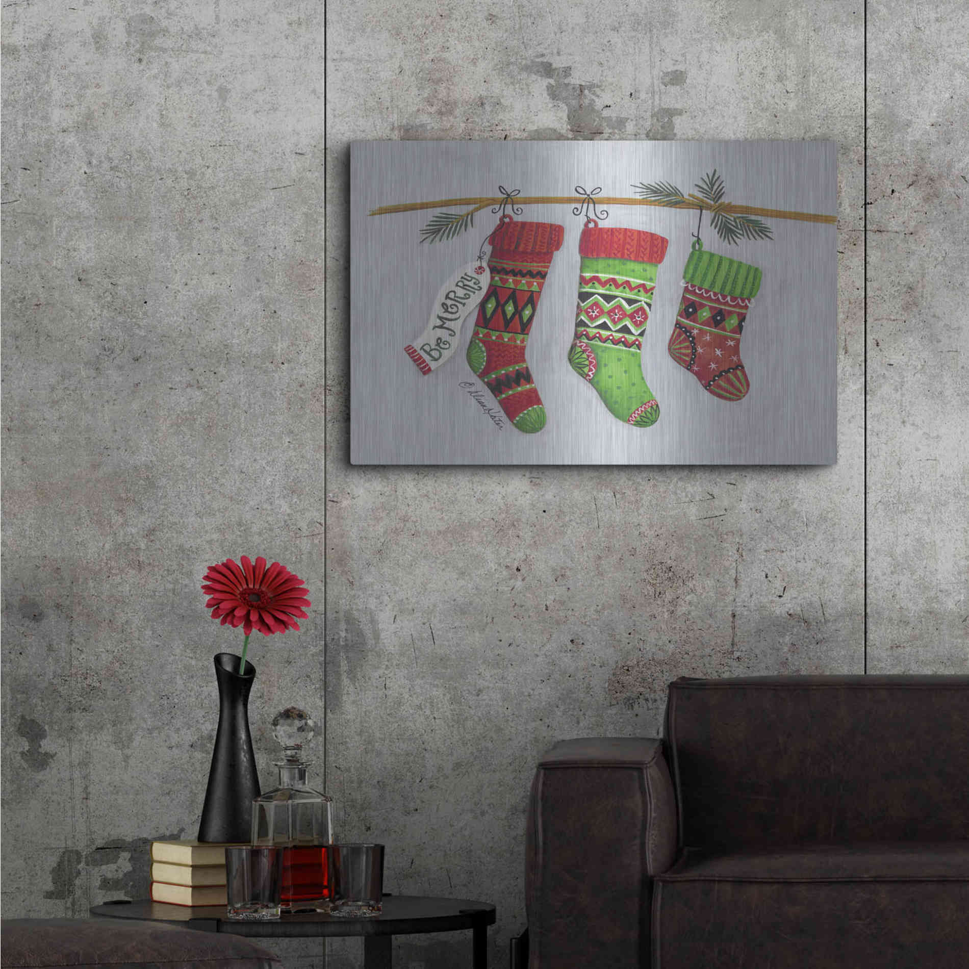Luxe Metal Art 'Be Merry Stockings' by Diane Kater, Metal Wall Art,36x24