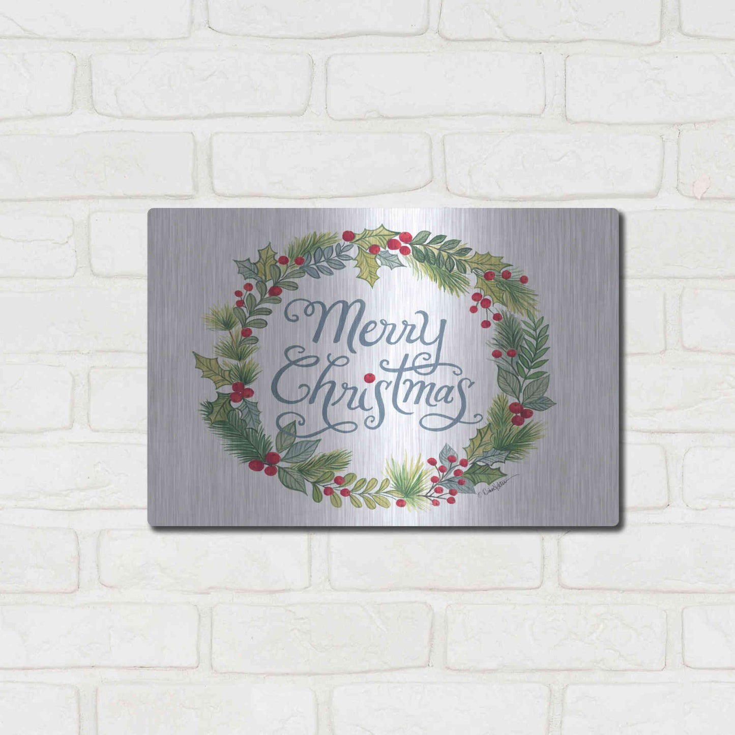 Luxe Metal Art 'Merry Christmas Wreath' by Diane Kater, Metal Wall Art,16x12