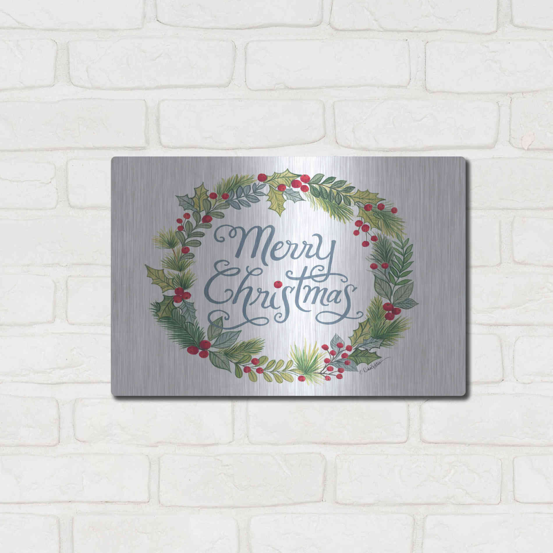 Luxe Metal Art 'Merry Christmas Wreath' by Diane Kater, Metal Wall Art,16x12