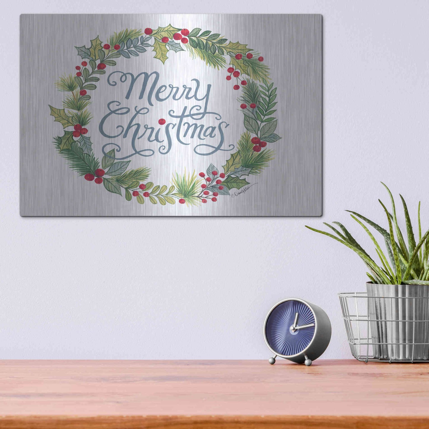 Luxe Metal Art 'Merry Christmas Wreath' by Diane Kater, Metal Wall Art,16x12