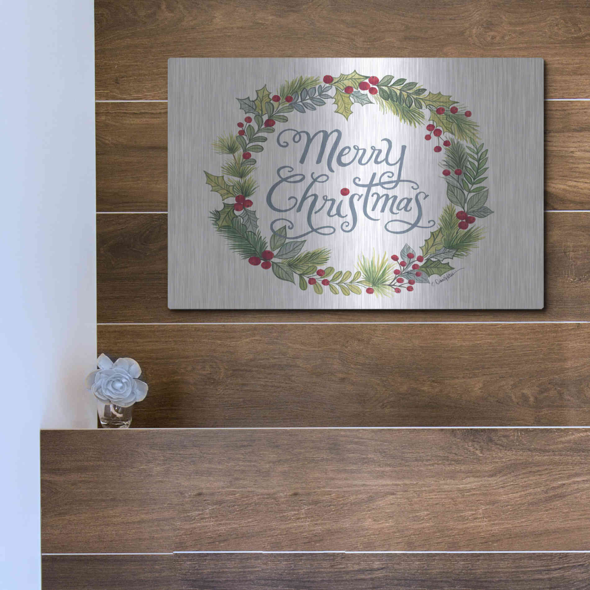 Luxe Metal Art 'Merry Christmas Wreath' by Diane Kater, Metal Wall Art,16x12