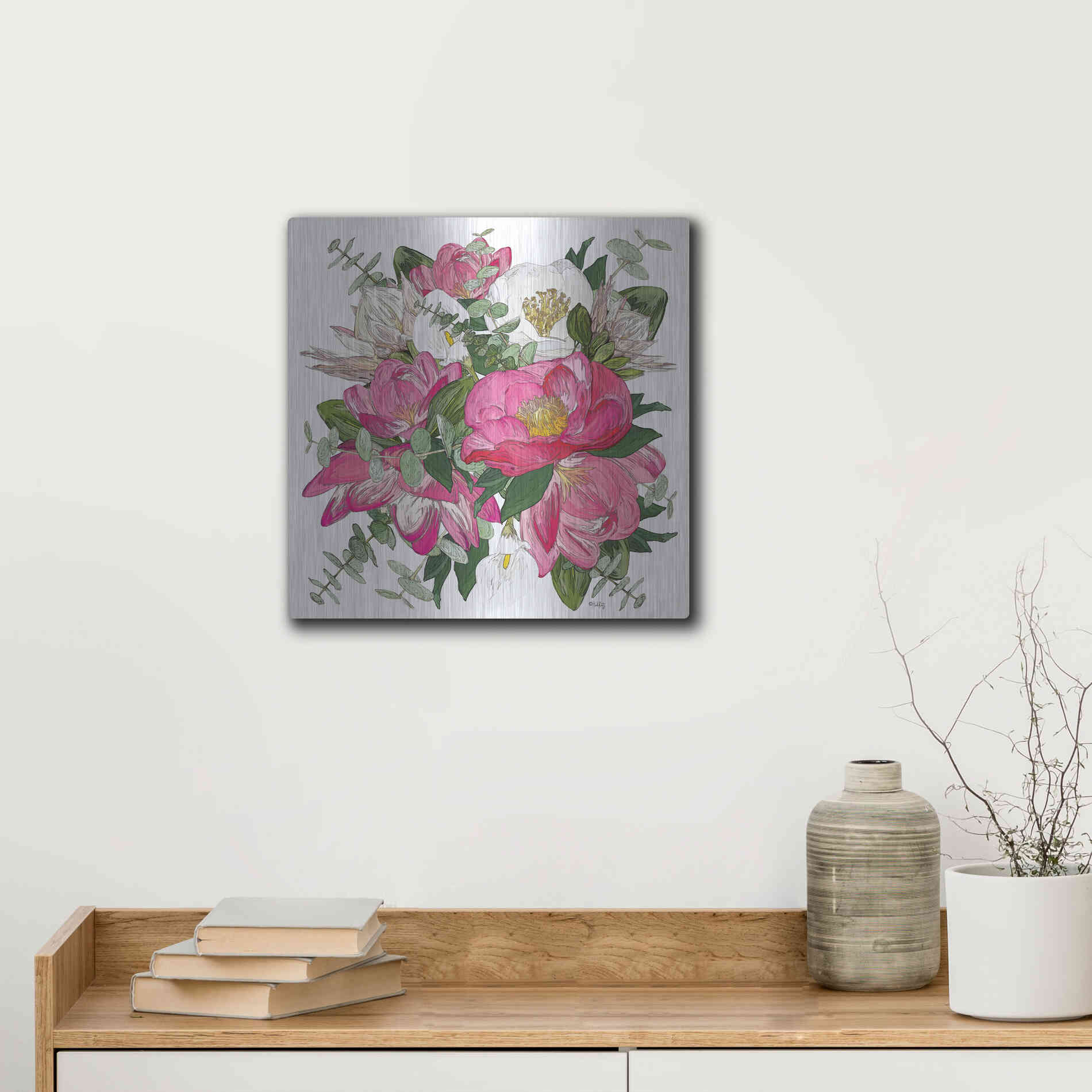 Luxe Metal Art 'Pink Floral Bouquet' by Heidi Kuntz, Metal Wall Art,12x12