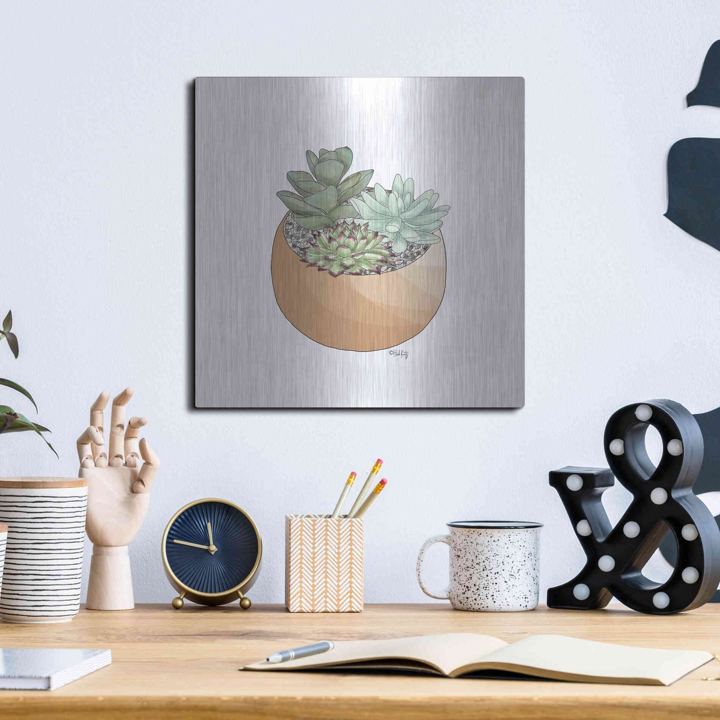 Luxe Metal Art 'Succulent Planter II' by Heidi Kuntz, Metal Wall Art,12x12