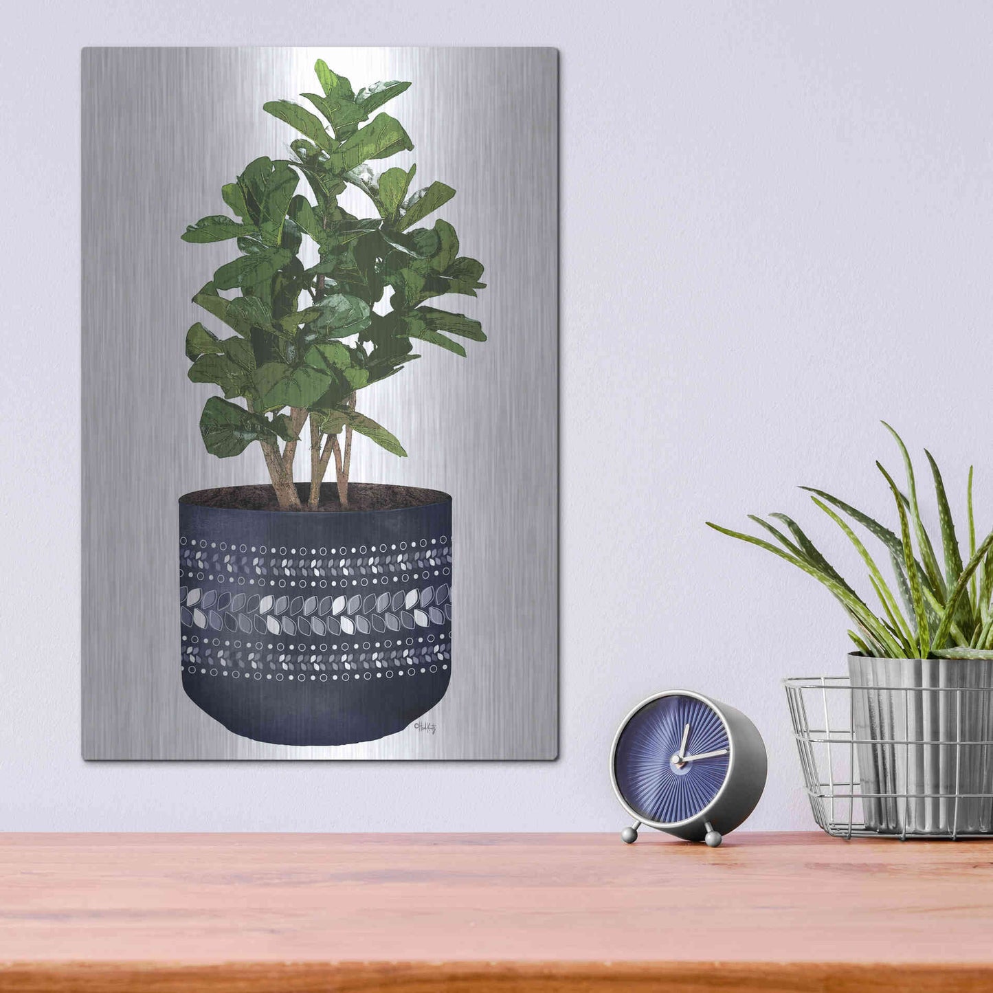 Luxe Metal Art 'Blue Potted Fig Tree' by Heidi Kuntz, Metal Wall Art,12x16