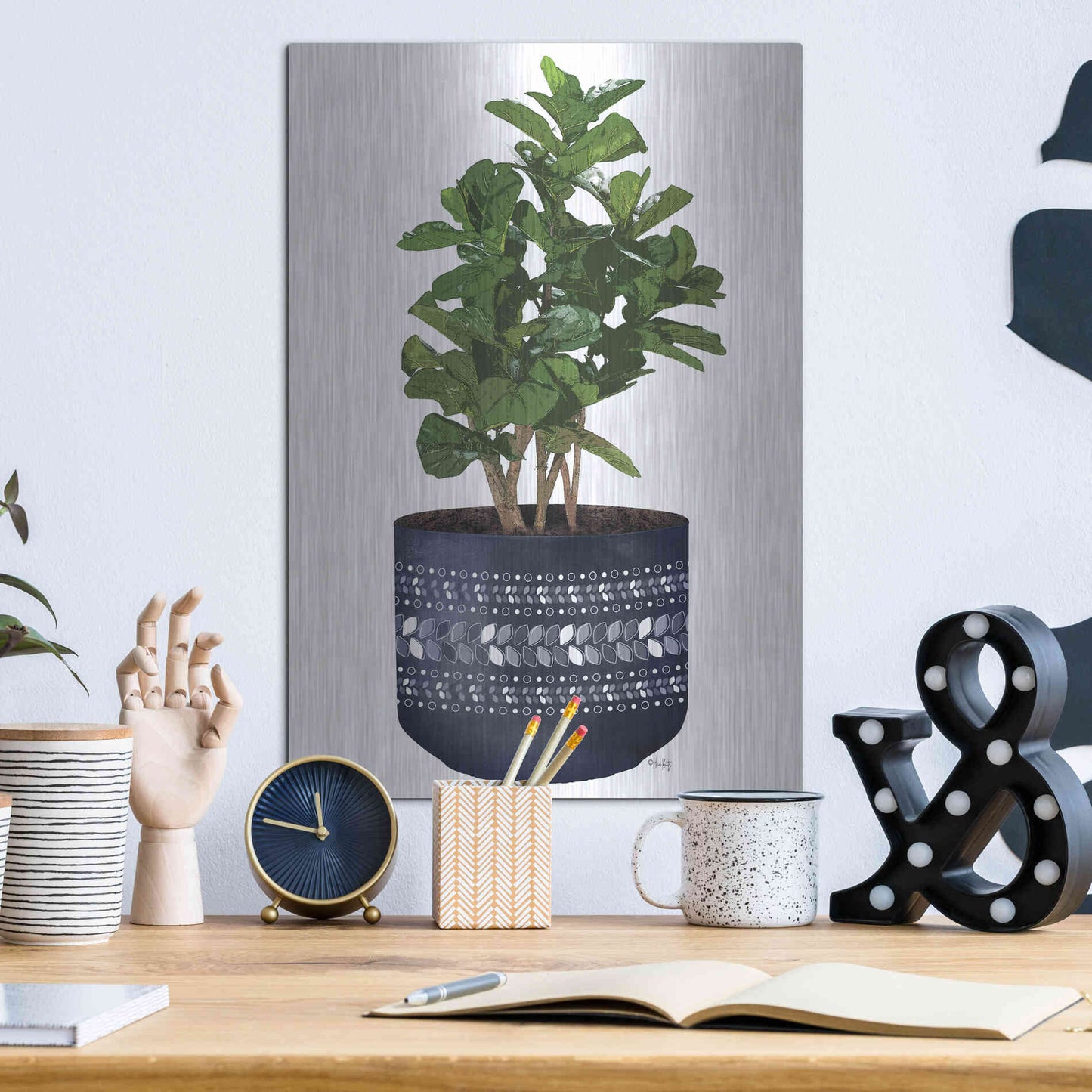 Luxe Metal Art 'Blue Potted Fig Tree' by Heidi Kuntz, Metal Wall Art,12x16