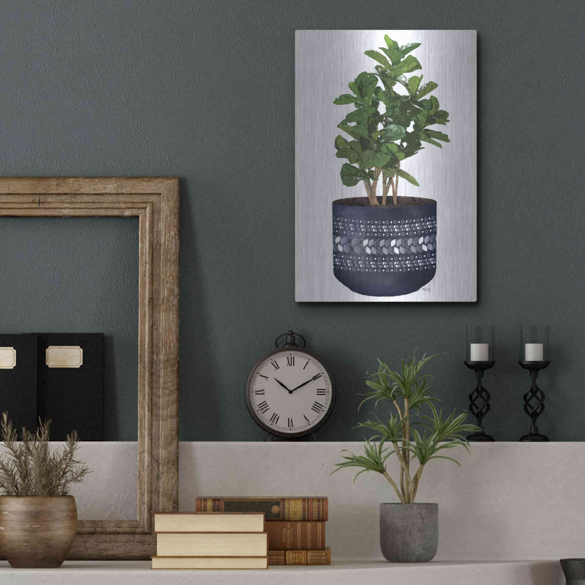 Luxe Metal Art 'Blue Potted Fig Tree' by Heidi Kuntz, Metal Wall Art,12x16