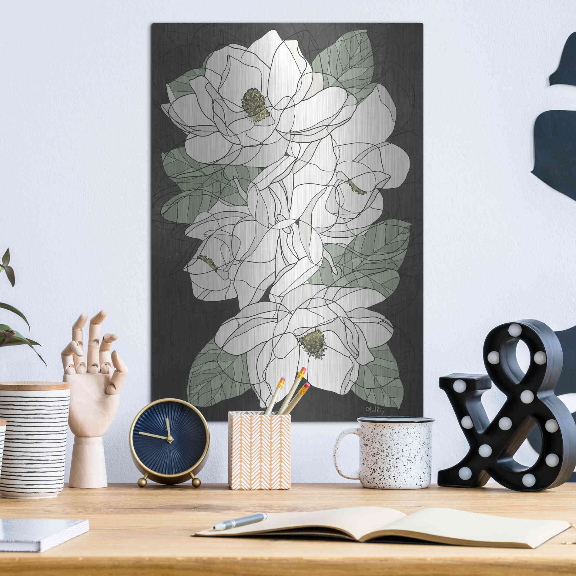 Luxe Metal Art 'Cascading Magnolias' by Heidi Kuntz, Metal Wall Art,12x16