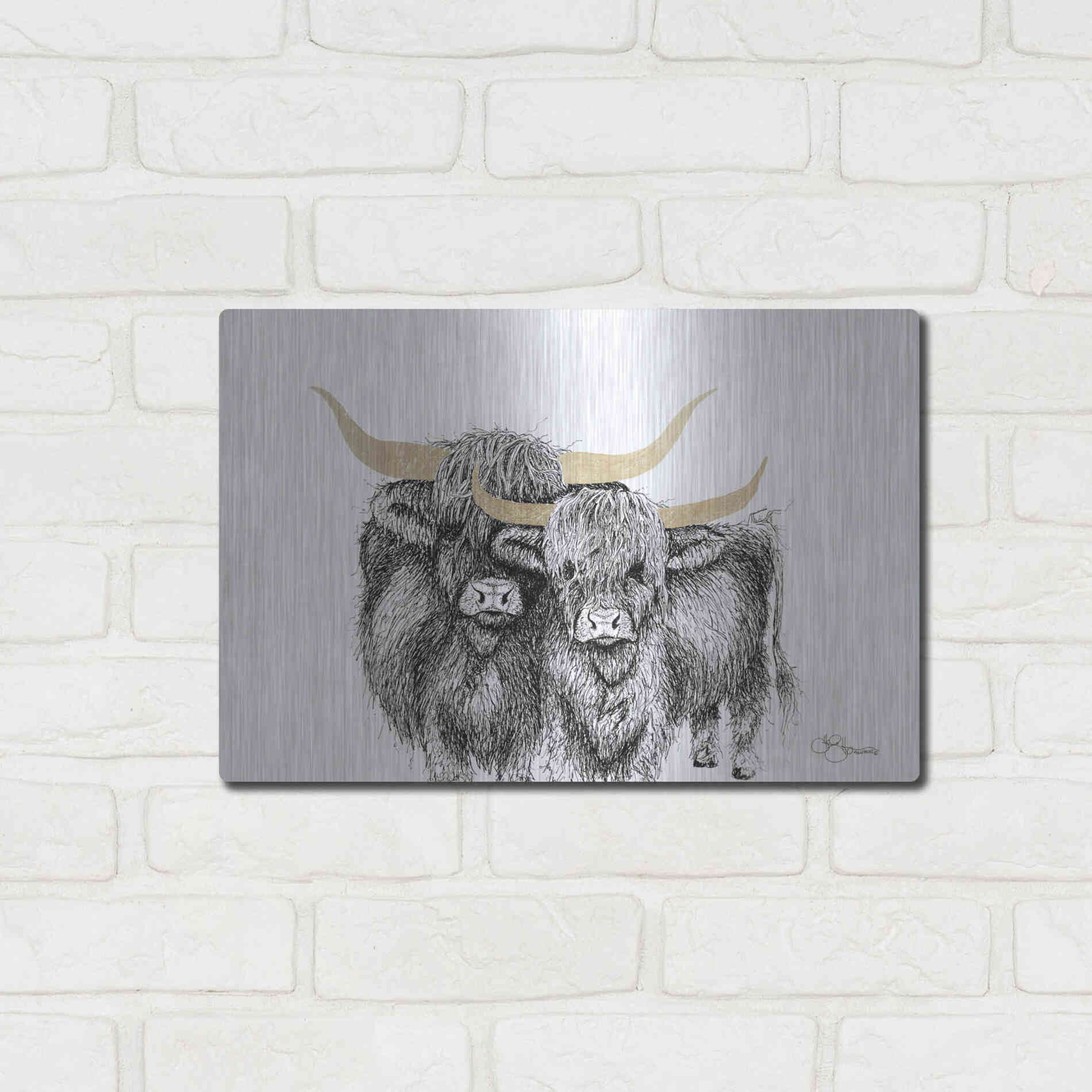Luxe Metal Art 'Highland Cattle' by Hollihocks Art, Metal Wall Art,16x12