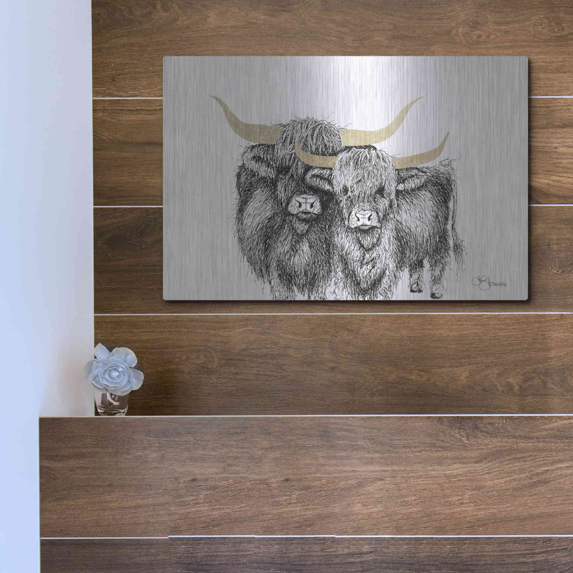Luxe Metal Art 'Highland Cattle' by Hollihocks Art, Metal Wall Art,16x12