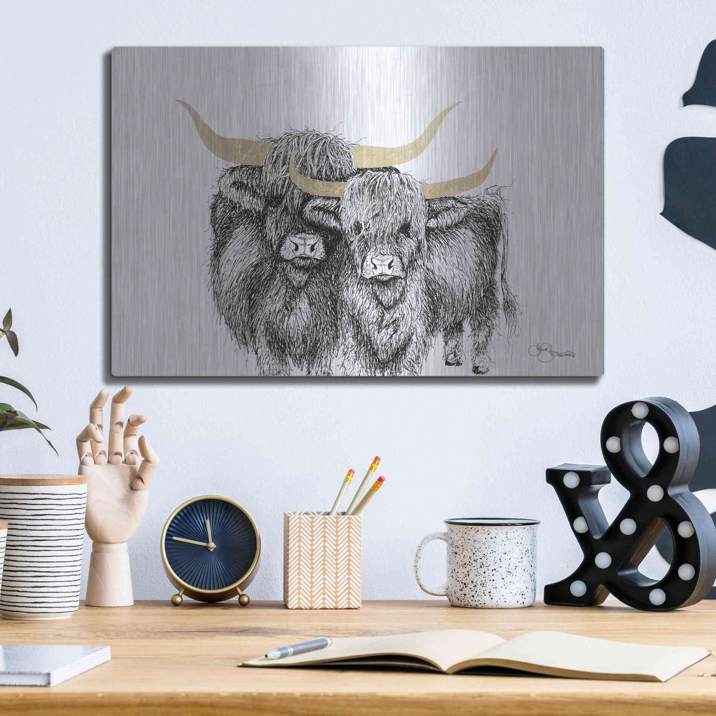 Luxe Metal Art 'Highland Cattle' by Hollihocks Art, Metal Wall Art,16x12