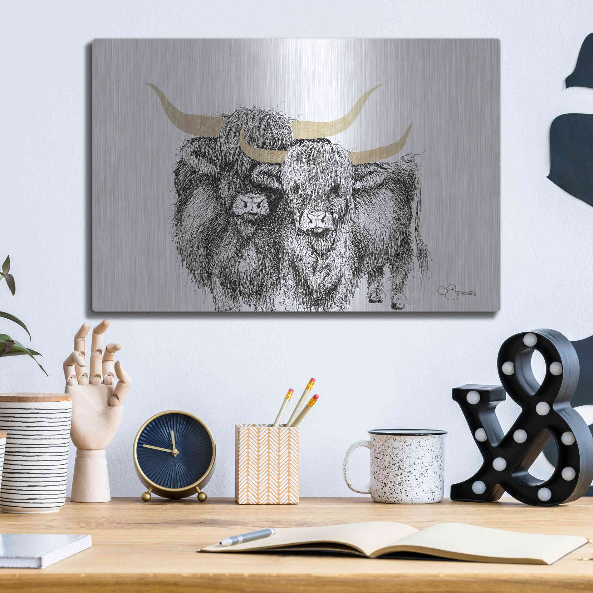 Luxe Metal Art 'Highland Cattle' by Hollihocks Art, Metal Wall Art,16x12