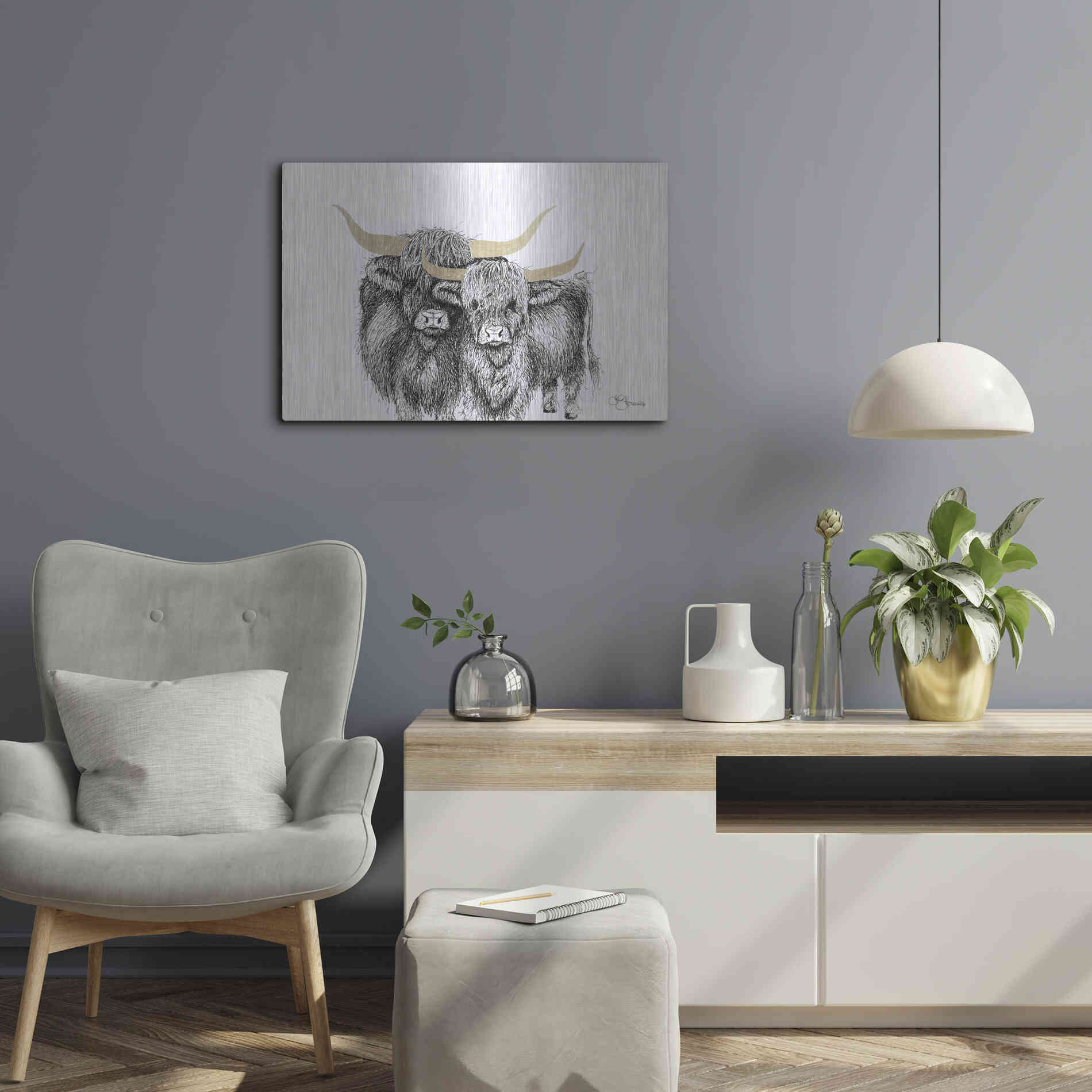 Luxe Metal Art 'Highland Cattle' by Hollihocks Art, Metal Wall Art,24x16