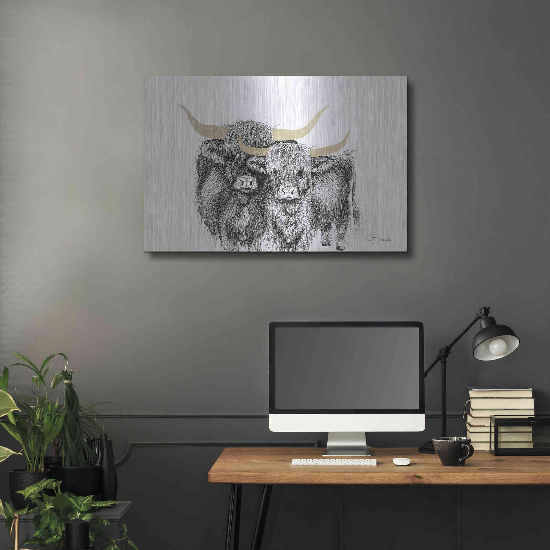 Luxe Metal Art 'Highland Cattle' by Hollihocks Art, Metal Wall Art,36x24