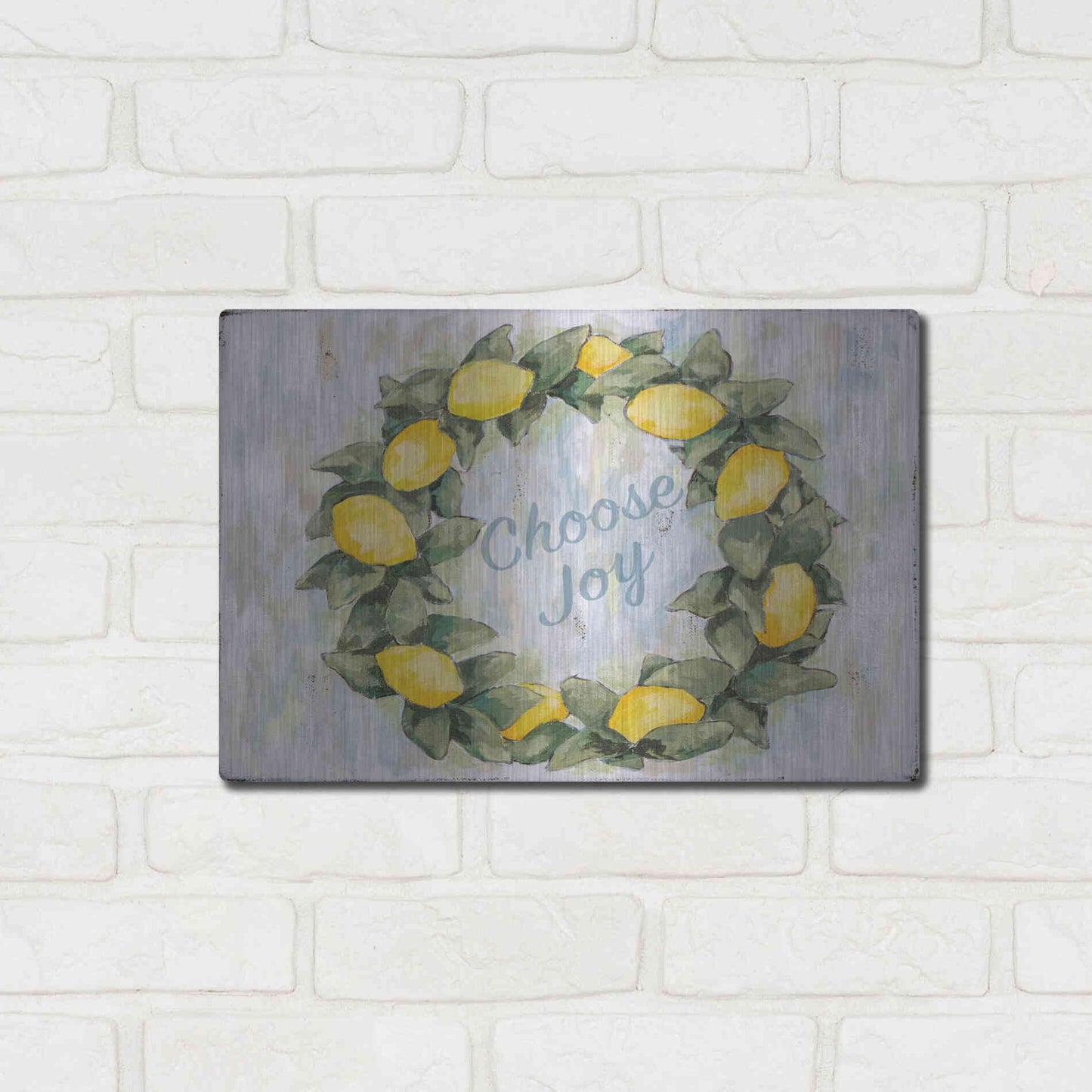 Luxe Metal Art 'Choose Joy Lemon Wreath' by Jennifer Holden, Metal Wall Art,16x12