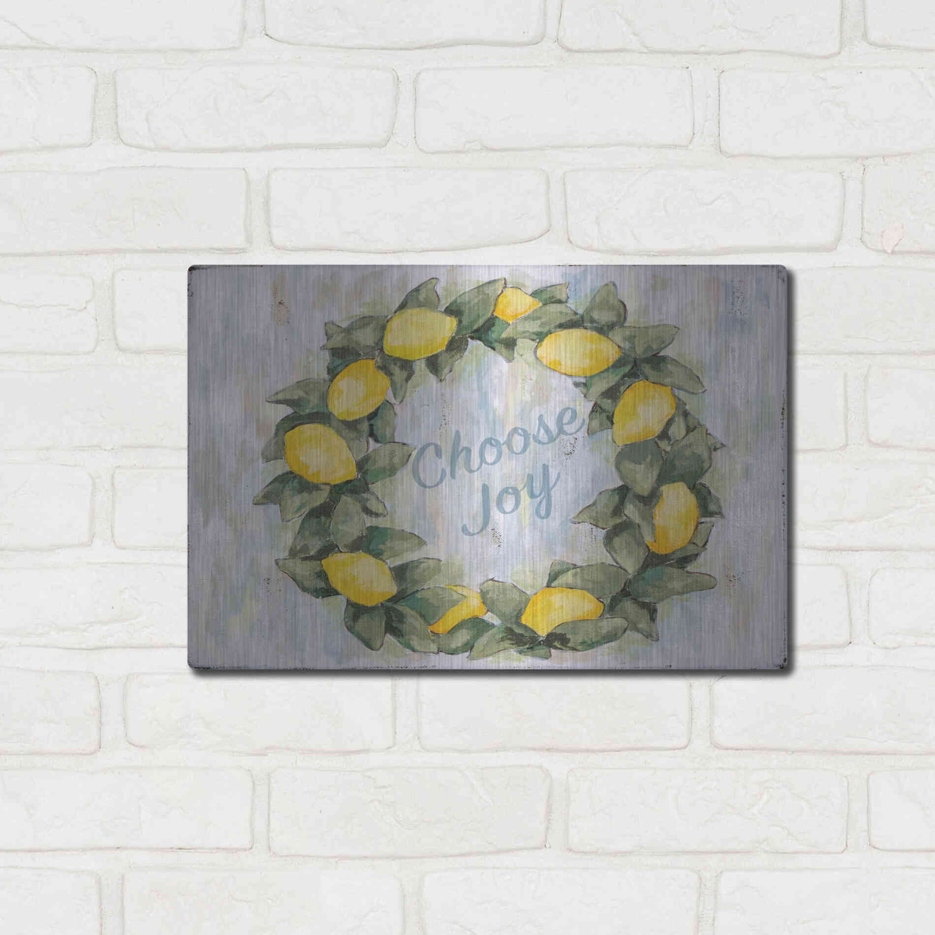 Luxe Metal Art 'Choose Joy Lemon Wreath' by Jennifer Holden, Metal Wall Art,16x12