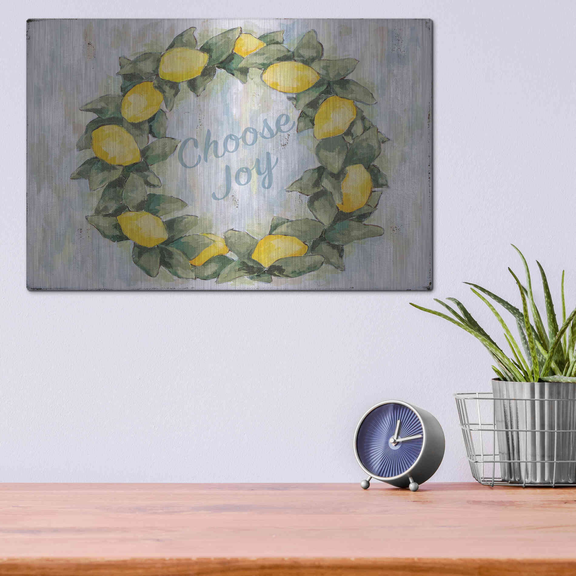 Luxe Metal Art 'Choose Joy Lemon Wreath' by Jennifer Holden, Metal Wall Art,16x12