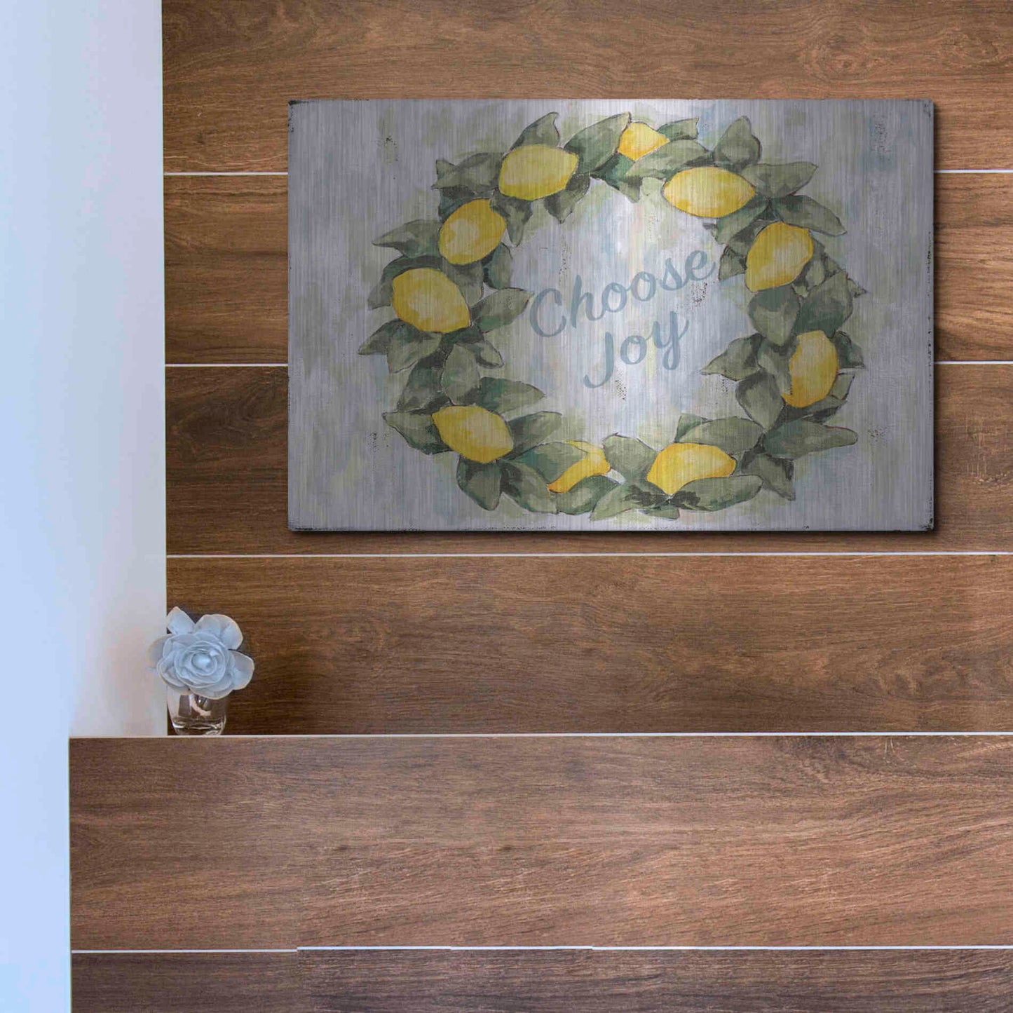 Luxe Metal Art 'Choose Joy Lemon Wreath' by Jennifer Holden, Metal Wall Art,16x12