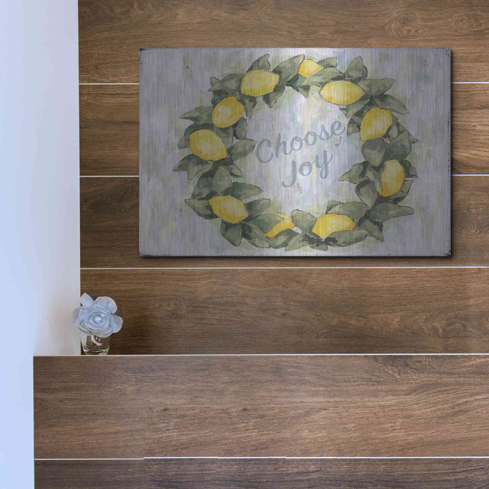 Luxe Metal Art 'Choose Joy Lemon Wreath' by Jennifer Holden, Metal Wall Art,16x12