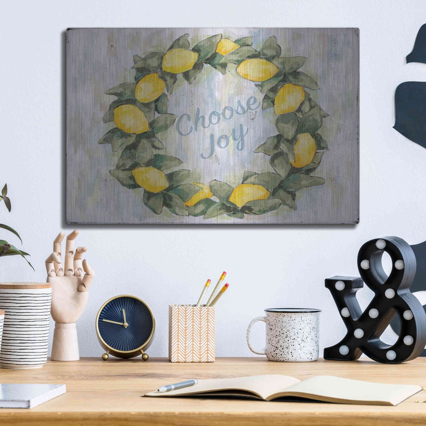 Luxe Metal Art 'Choose Joy Lemon Wreath' by Jennifer Holden, Metal Wall Art,16x12