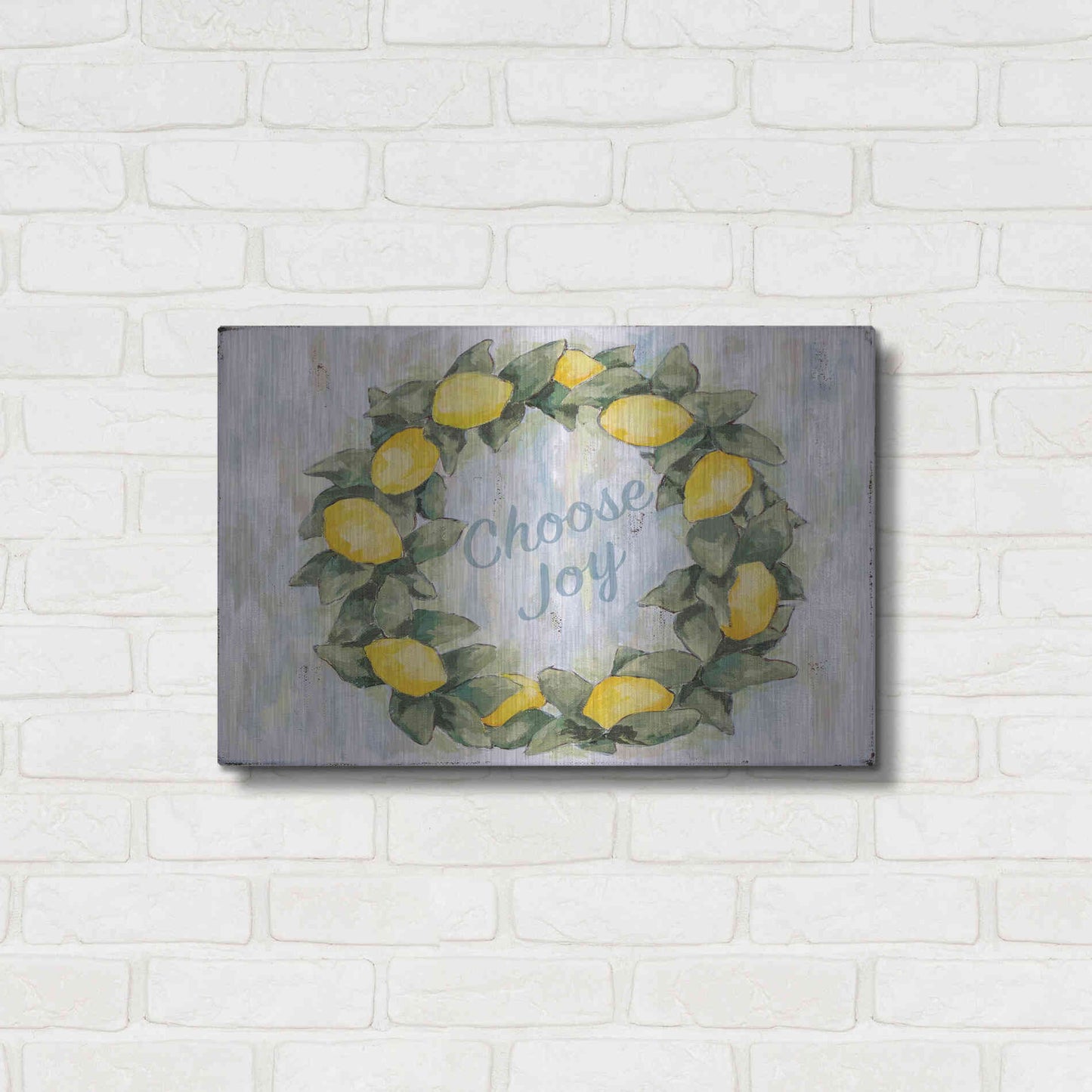 Luxe Metal Art 'Choose Joy Lemon Wreath' by Jennifer Holden, Metal Wall Art,24x16