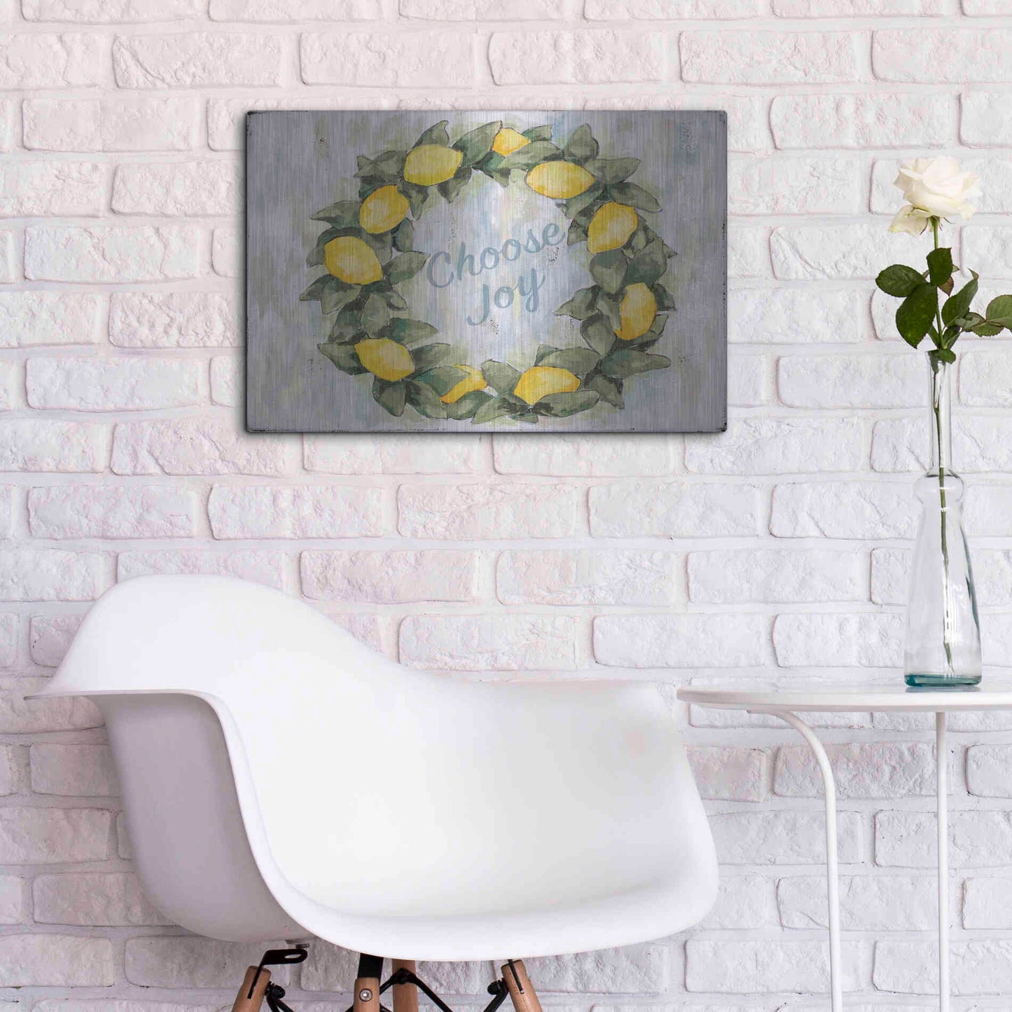 Luxe Metal Art 'Choose Joy Lemon Wreath' by Jennifer Holden, Metal Wall Art,24x16