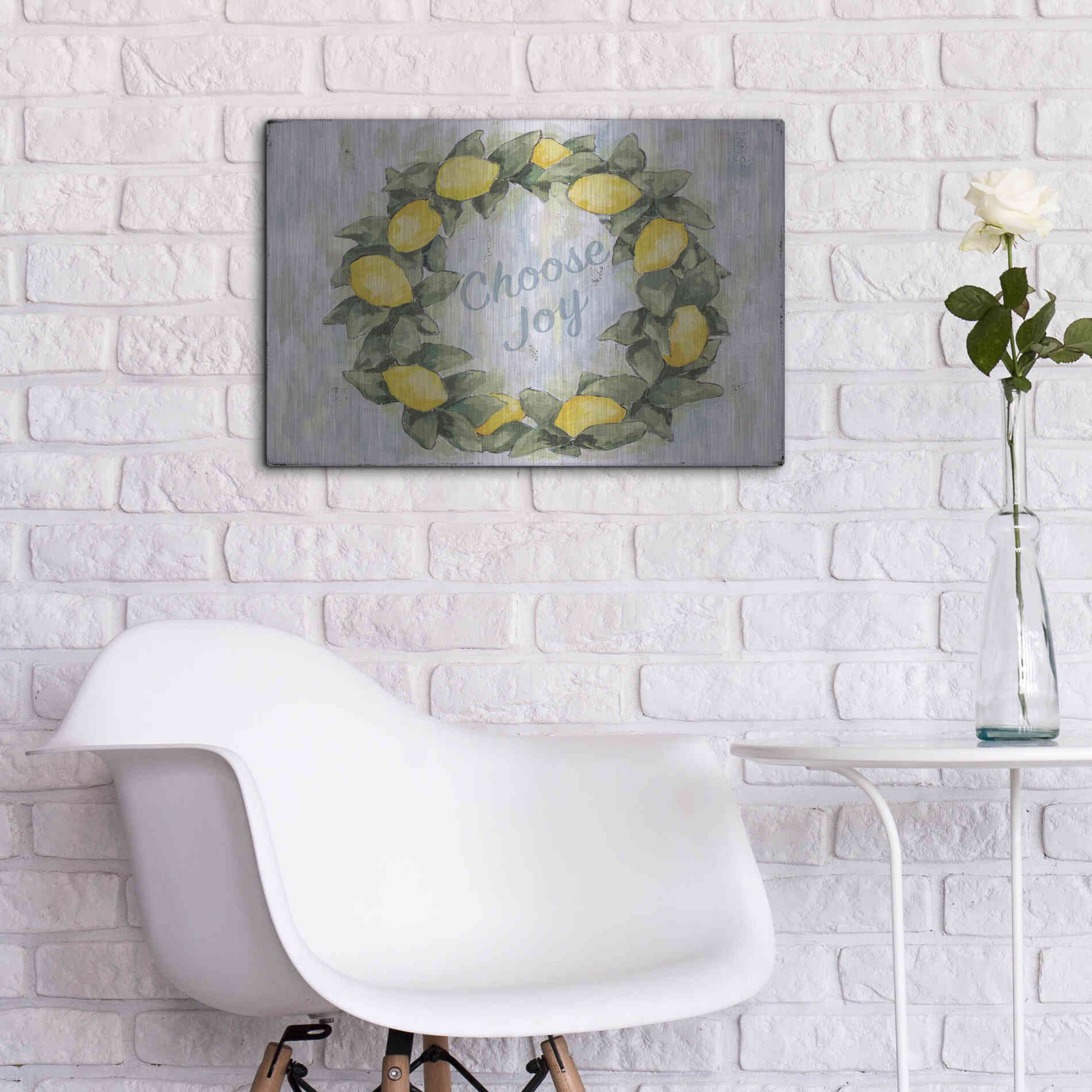 Luxe Metal Art 'Choose Joy Lemon Wreath' by Jennifer Holden, Metal Wall Art,24x16