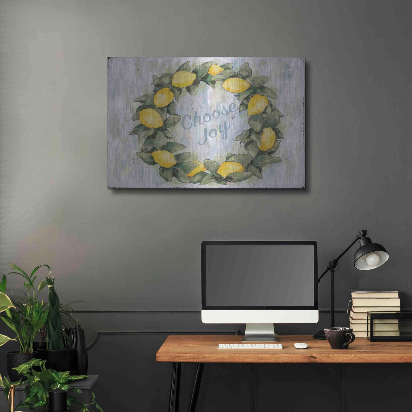Luxe Metal Art 'Choose Joy Lemon Wreath' by Jennifer Holden, Metal Wall Art,36x24