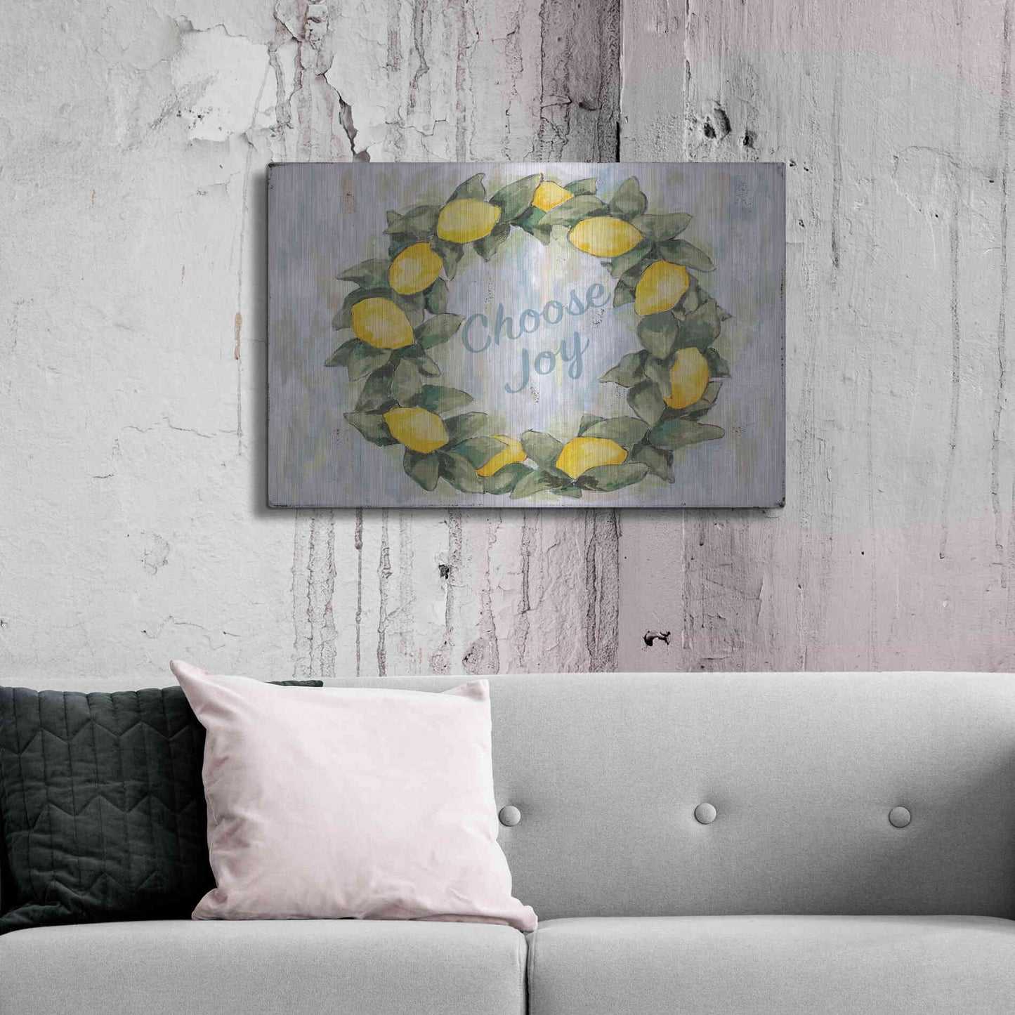 Luxe Metal Art 'Choose Joy Lemon Wreath' by Jennifer Holden, Metal Wall Art,36x24