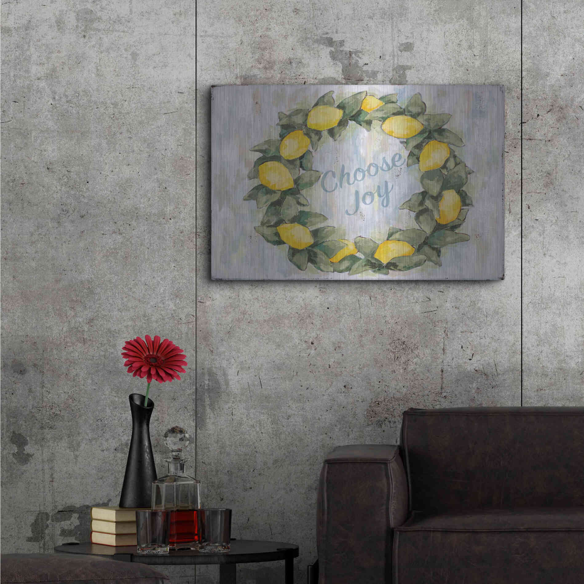 Luxe Metal Art 'Choose Joy Lemon Wreath' by Jennifer Holden, Metal Wall Art,36x24