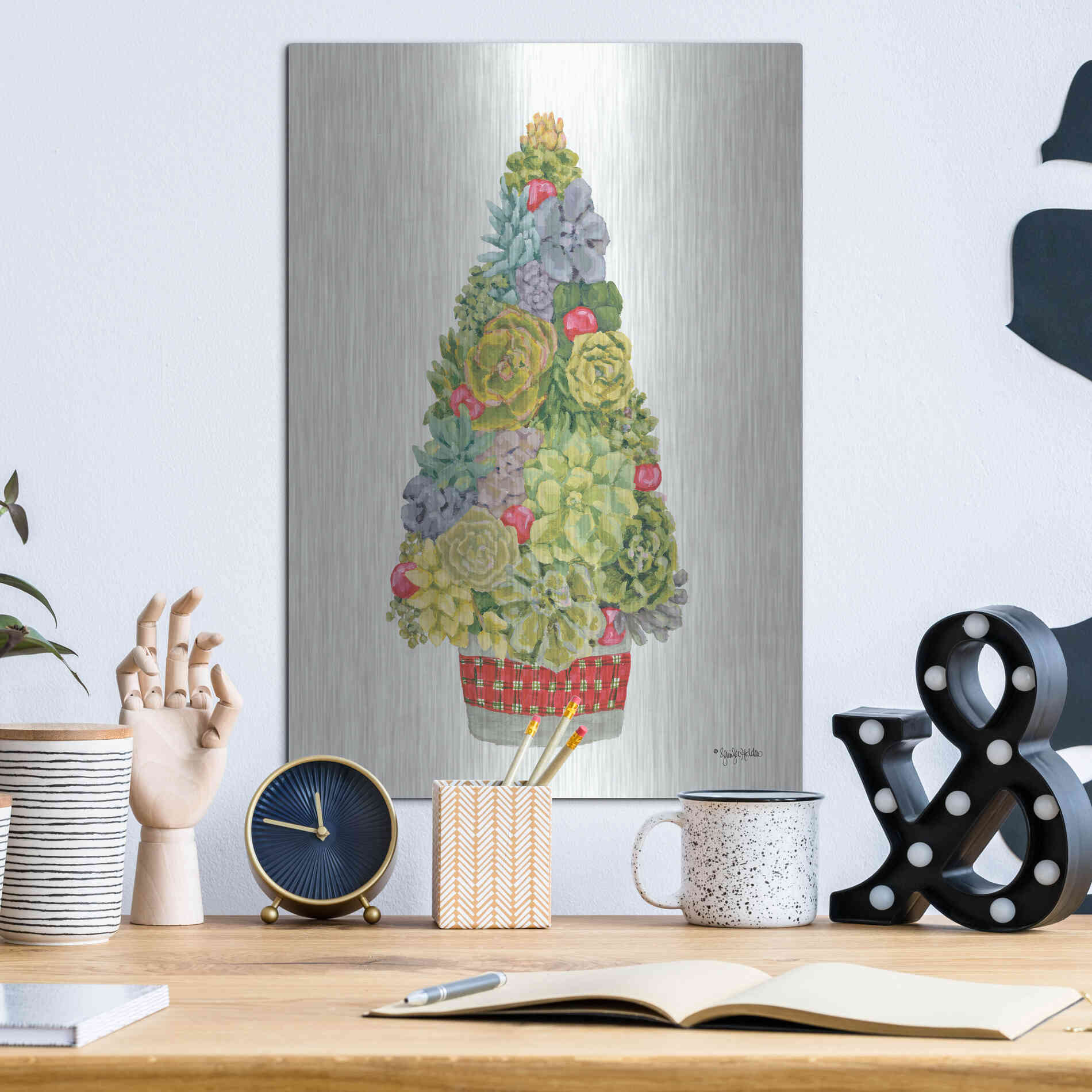 Luxe Metal Art 'Santa's Succulents' by Jennifer Holden, Metal Wall Art,12x16