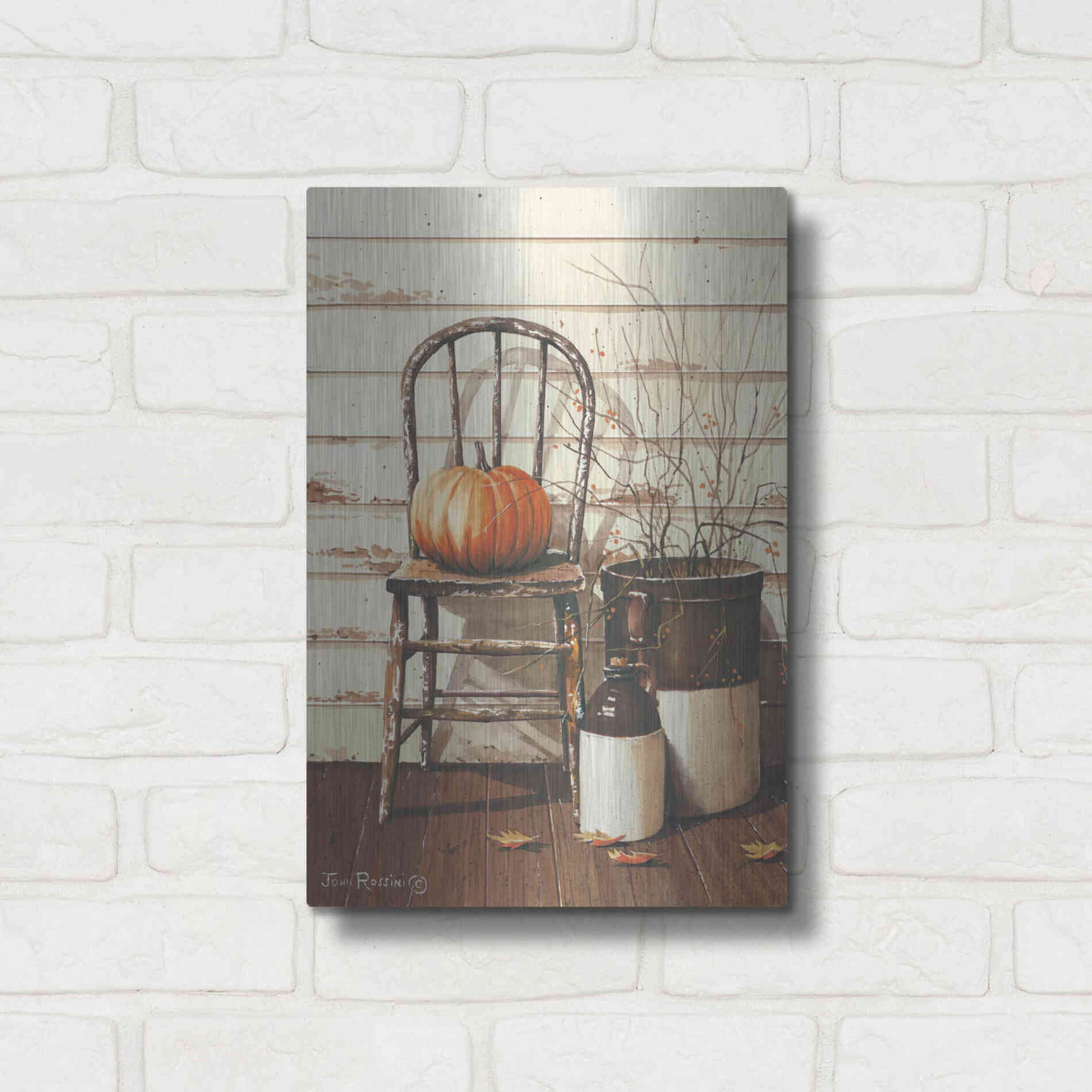 Luxe Metal Art 'Pumpkin & Chair' by John Rossini, Metal Wall Art,12x16