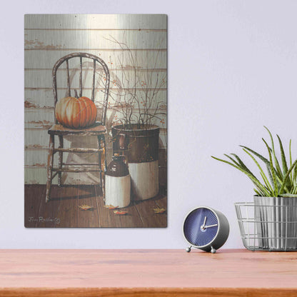 Luxe Metal Art 'Pumpkin & Chair' by John Rossini, Metal Wall Art,12x16