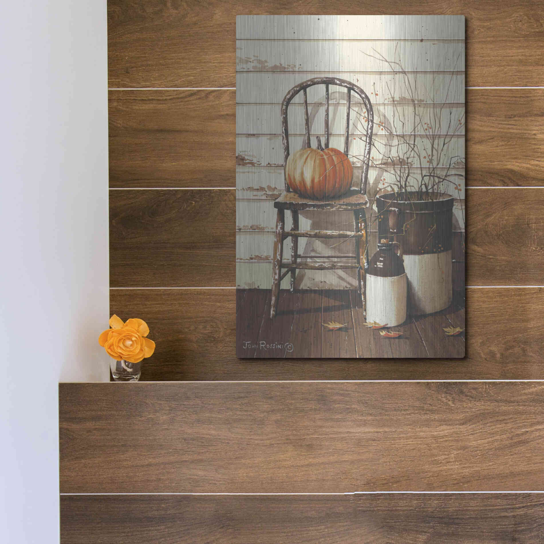Luxe Metal Art 'Pumpkin & Chair' by John Rossini, Metal Wall Art,12x16