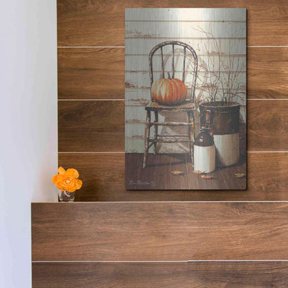Luxe Metal Art 'Pumpkin & Chair' by John Rossini, Metal Wall Art,12x16