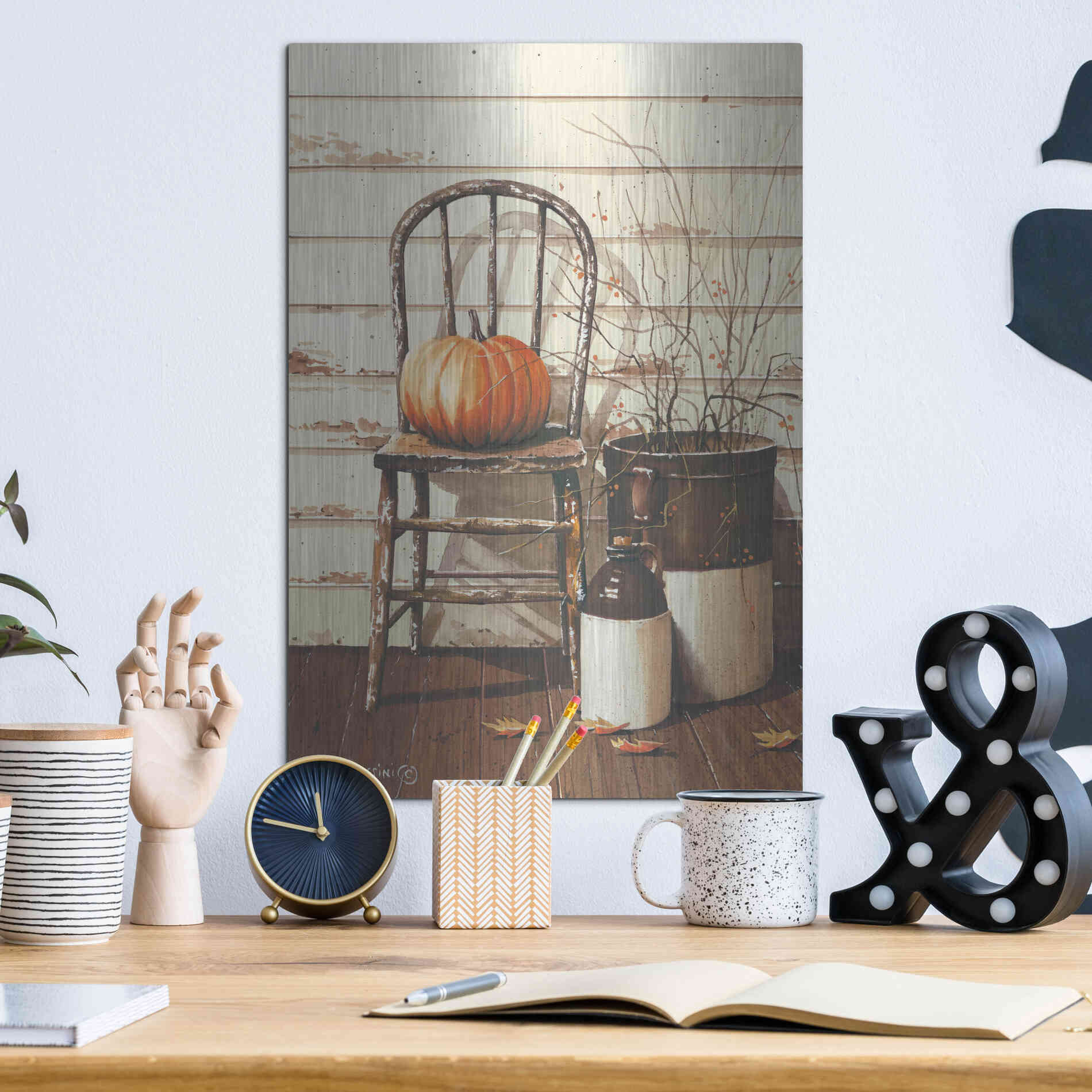 Luxe Metal Art 'Pumpkin & Chair' by John Rossini, Metal Wall Art,12x16