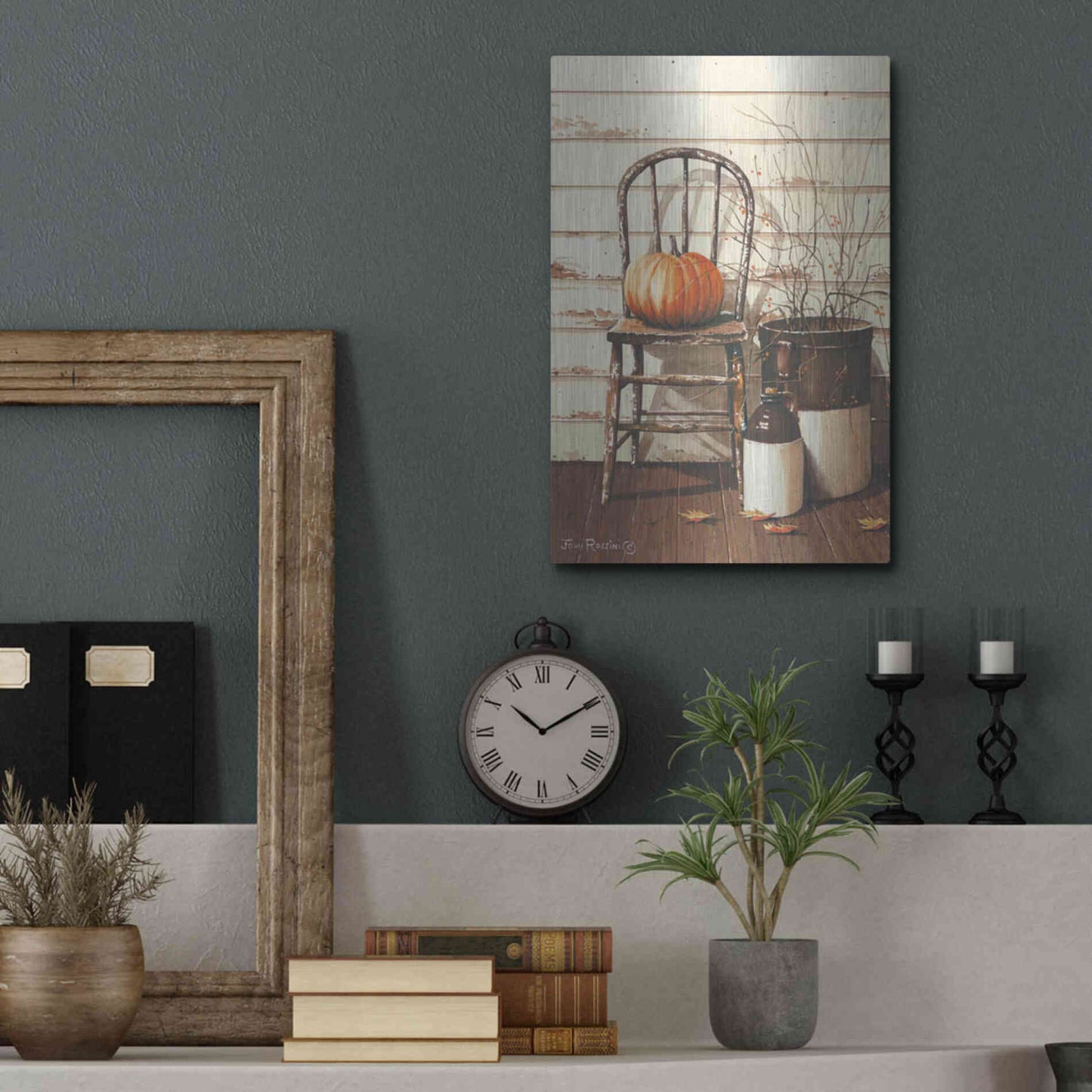 Luxe Metal Art 'Pumpkin & Chair' by John Rossini, Metal Wall Art,12x16