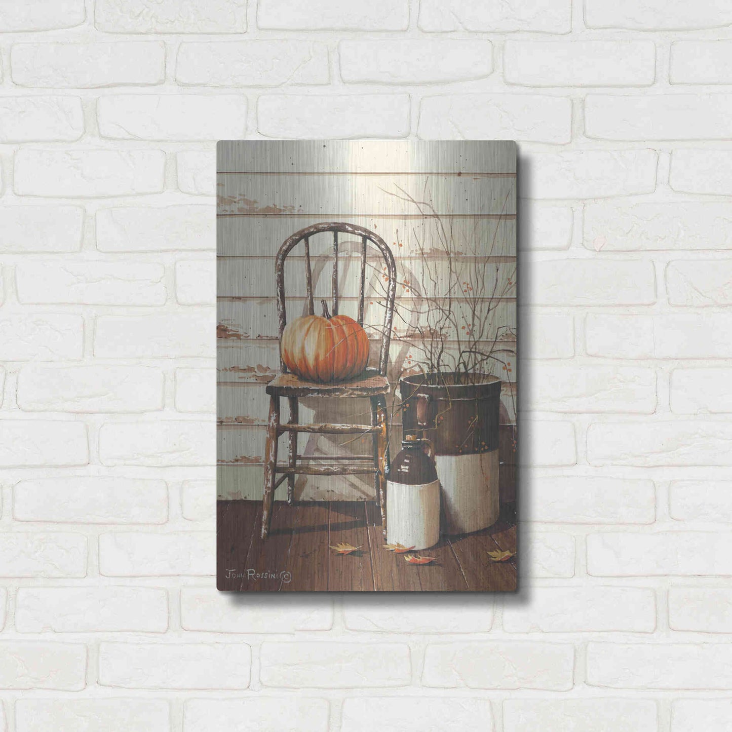 Luxe Metal Art 'Pumpkin & Chair' by John Rossini, Metal Wall Art,16x24