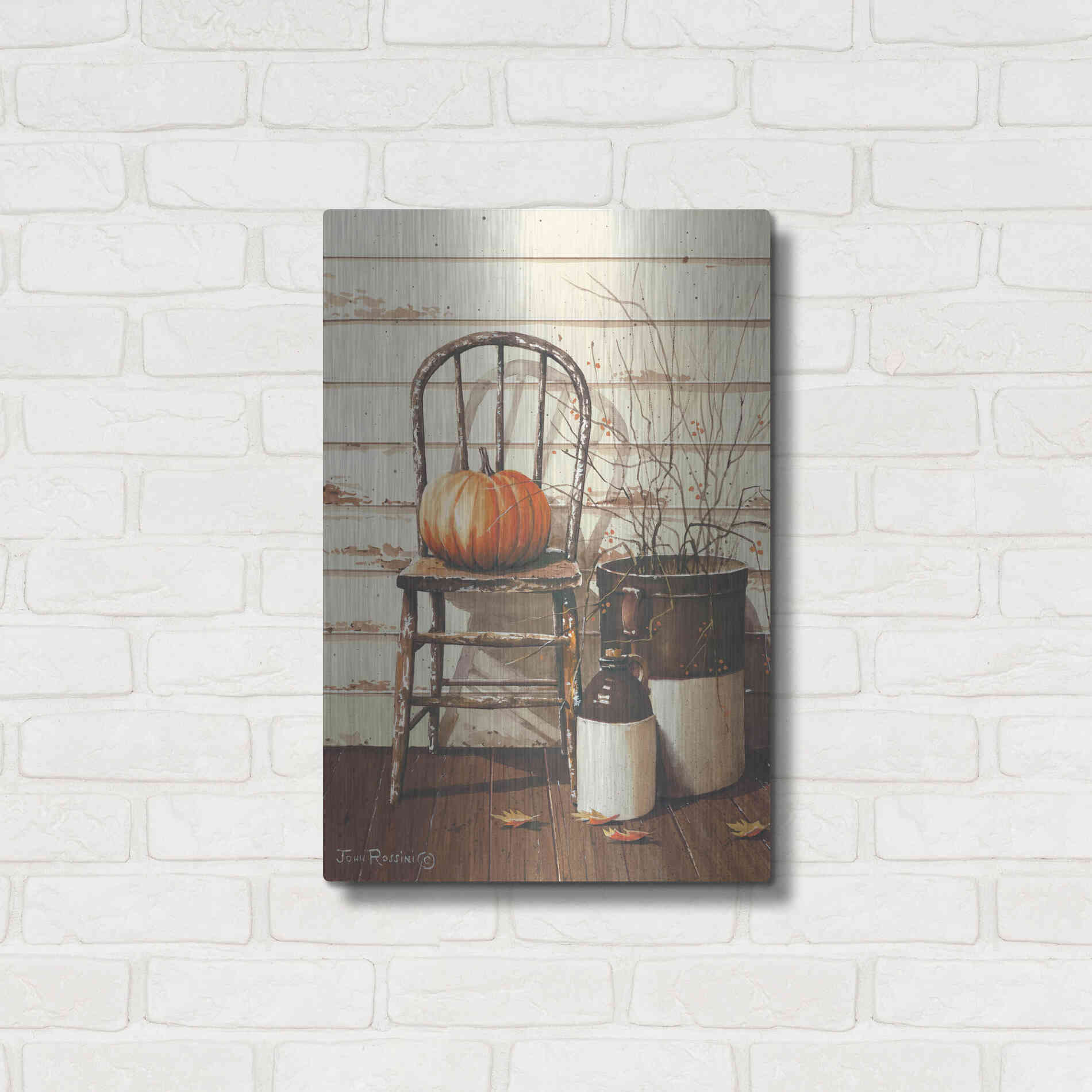 Luxe Metal Art 'Pumpkin & Chair' by John Rossini, Metal Wall Art,16x24