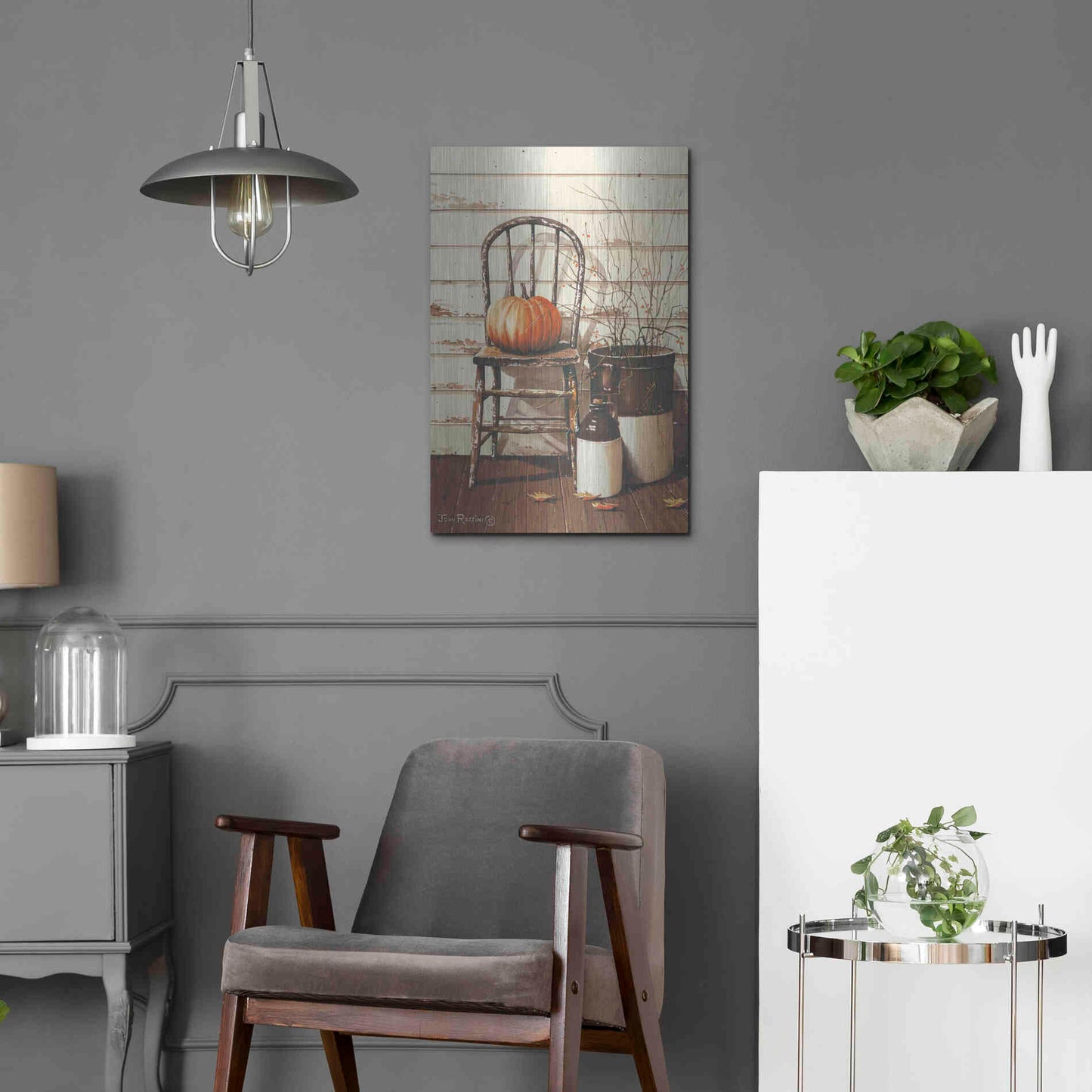 Luxe Metal Art 'Pumpkin & Chair' by John Rossini, Metal Wall Art,16x24