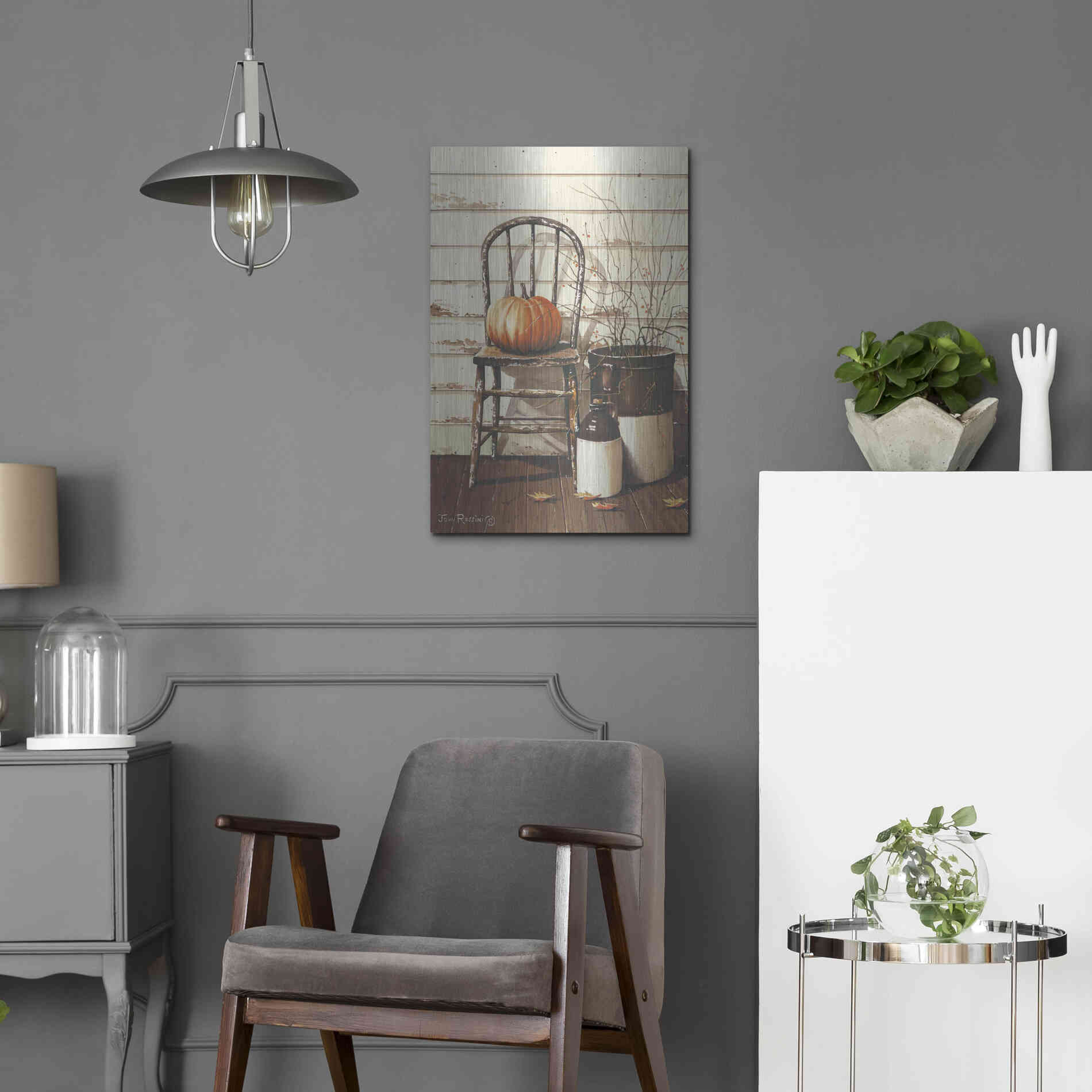 Luxe Metal Art 'Pumpkin & Chair' by John Rossini, Metal Wall Art,16x24