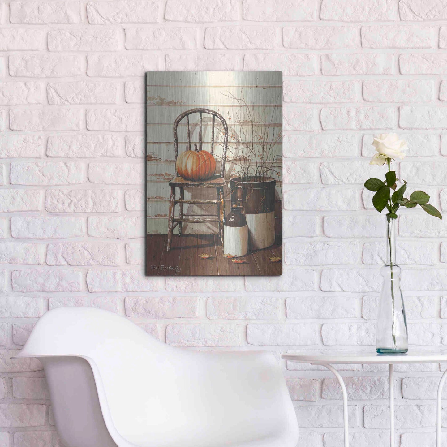 Luxe Metal Art 'Pumpkin & Chair' by John Rossini, Metal Wall Art,16x24