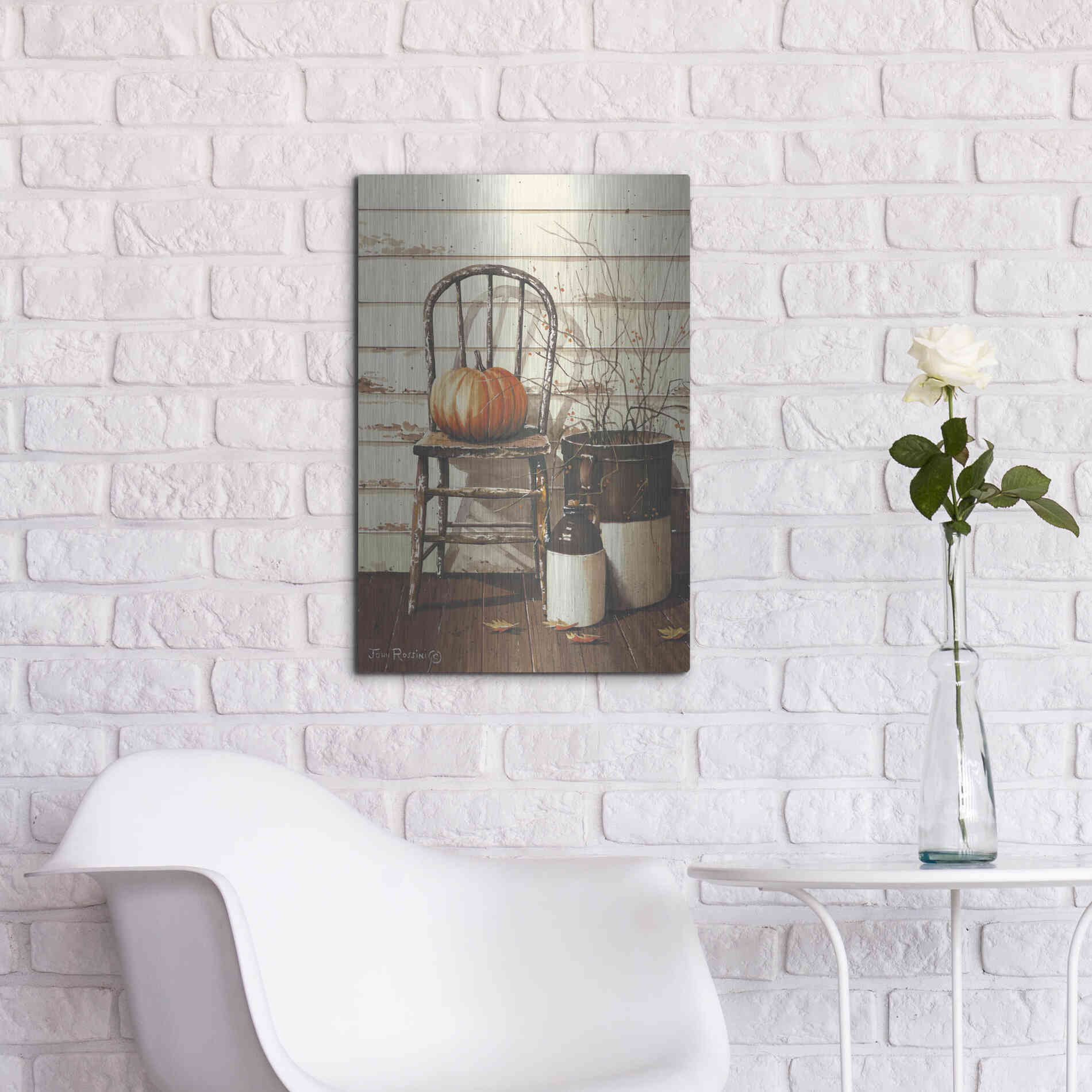 Luxe Metal Art 'Pumpkin & Chair' by John Rossini, Metal Wall Art,16x24