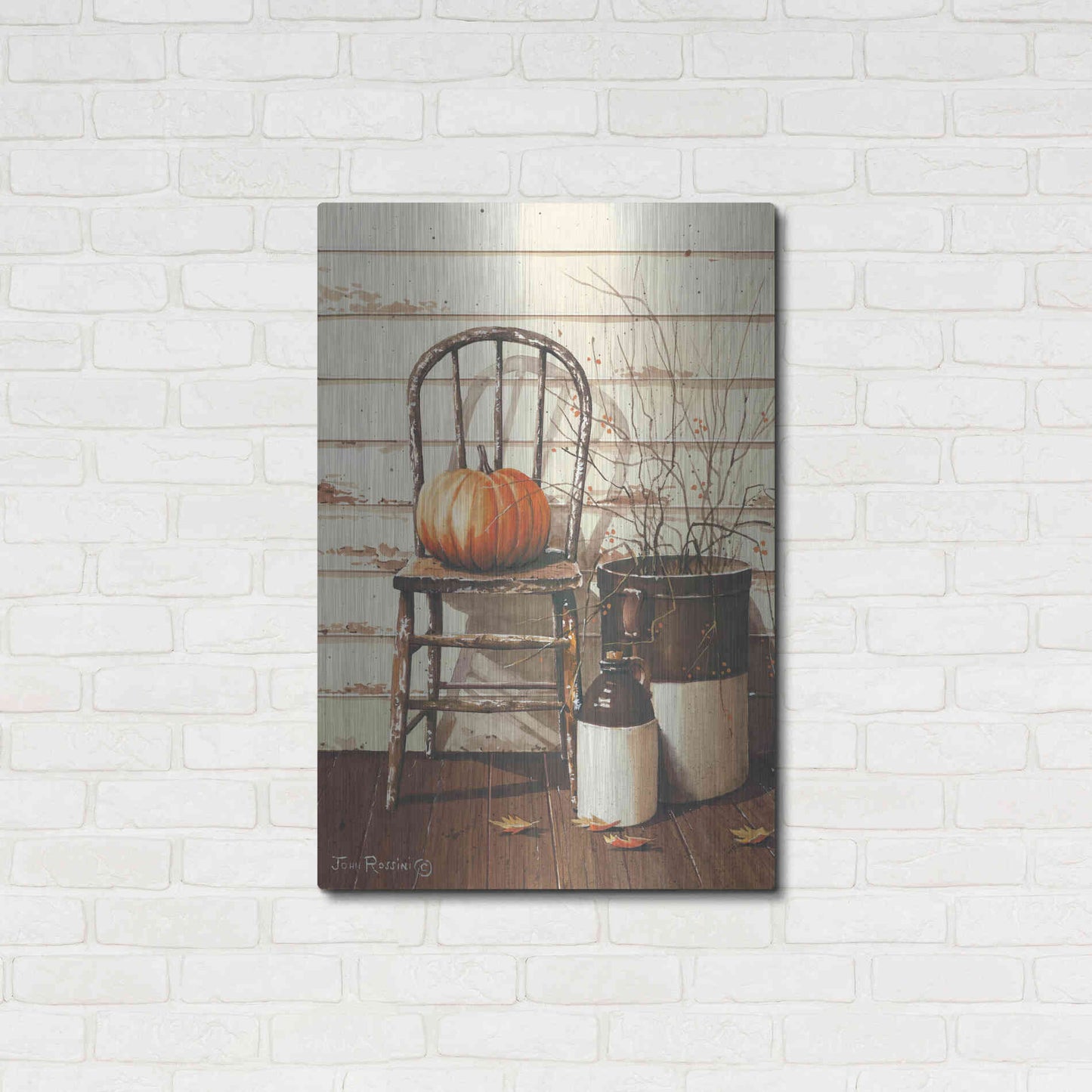 Luxe Metal Art 'Pumpkin & Chair' by John Rossini, Metal Wall Art,24x36