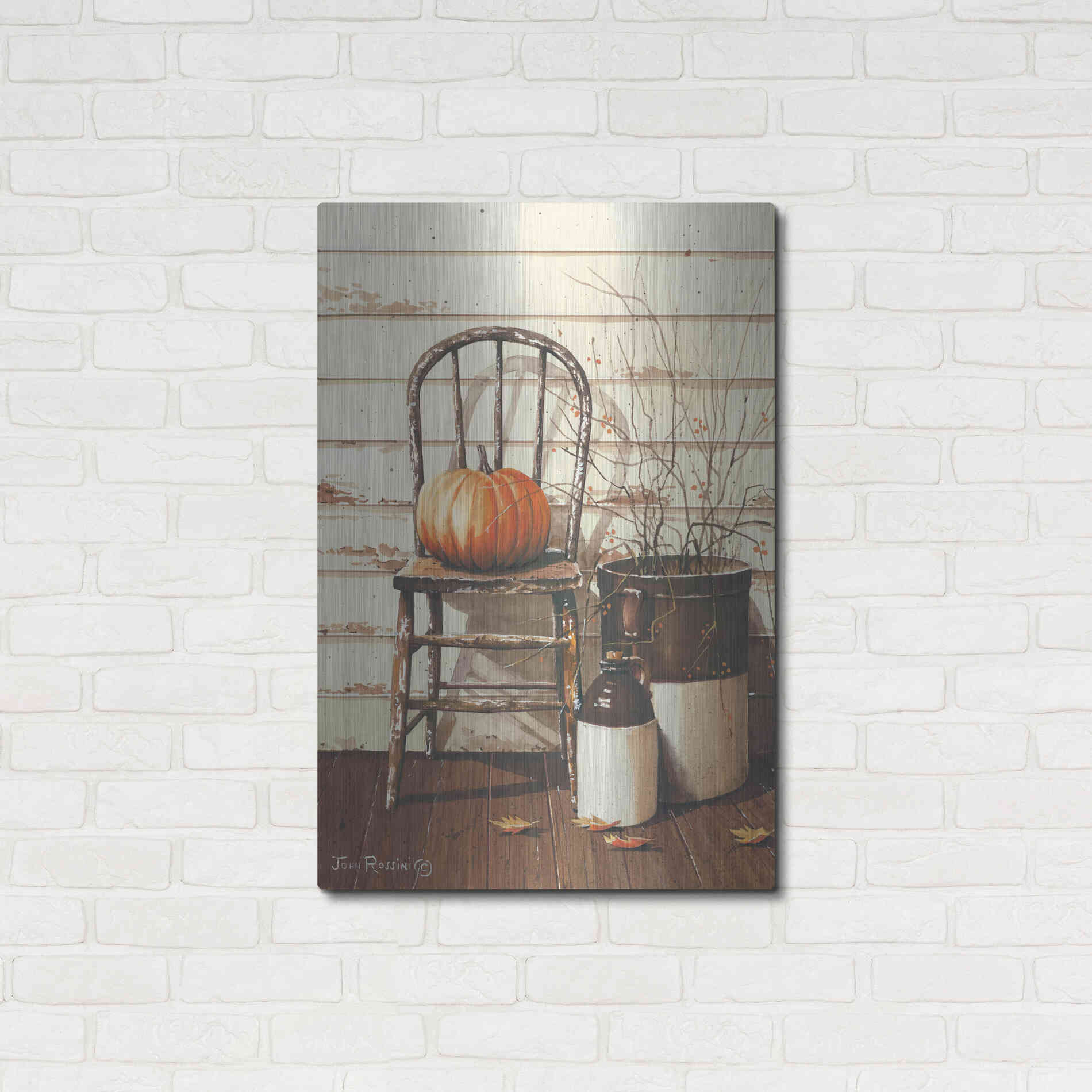 Luxe Metal Art 'Pumpkin & Chair' by John Rossini, Metal Wall Art,24x36