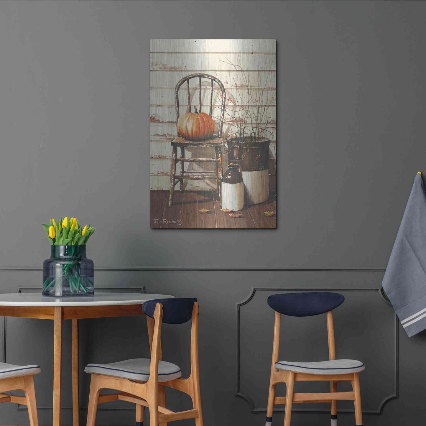 Luxe Metal Art 'Pumpkin & Chair' by John Rossini, Metal Wall Art,24x36