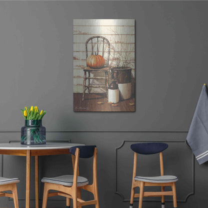 Luxe Metal Art 'Pumpkin & Chair' by John Rossini, Metal Wall Art,24x36