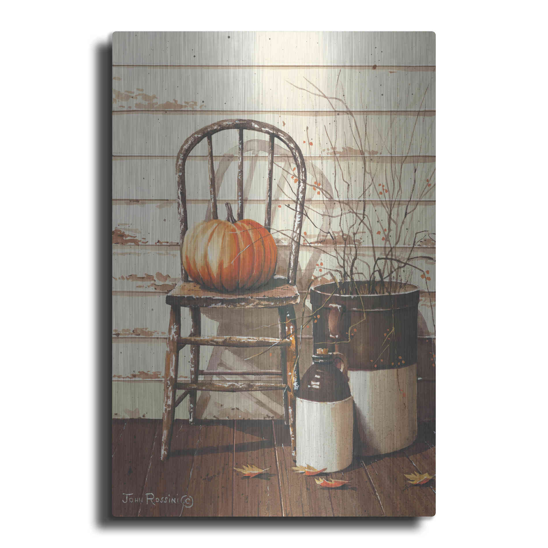 Luxe Metal Art 'Pumpkin & Chair' by John Rossini, Metal Wall Art